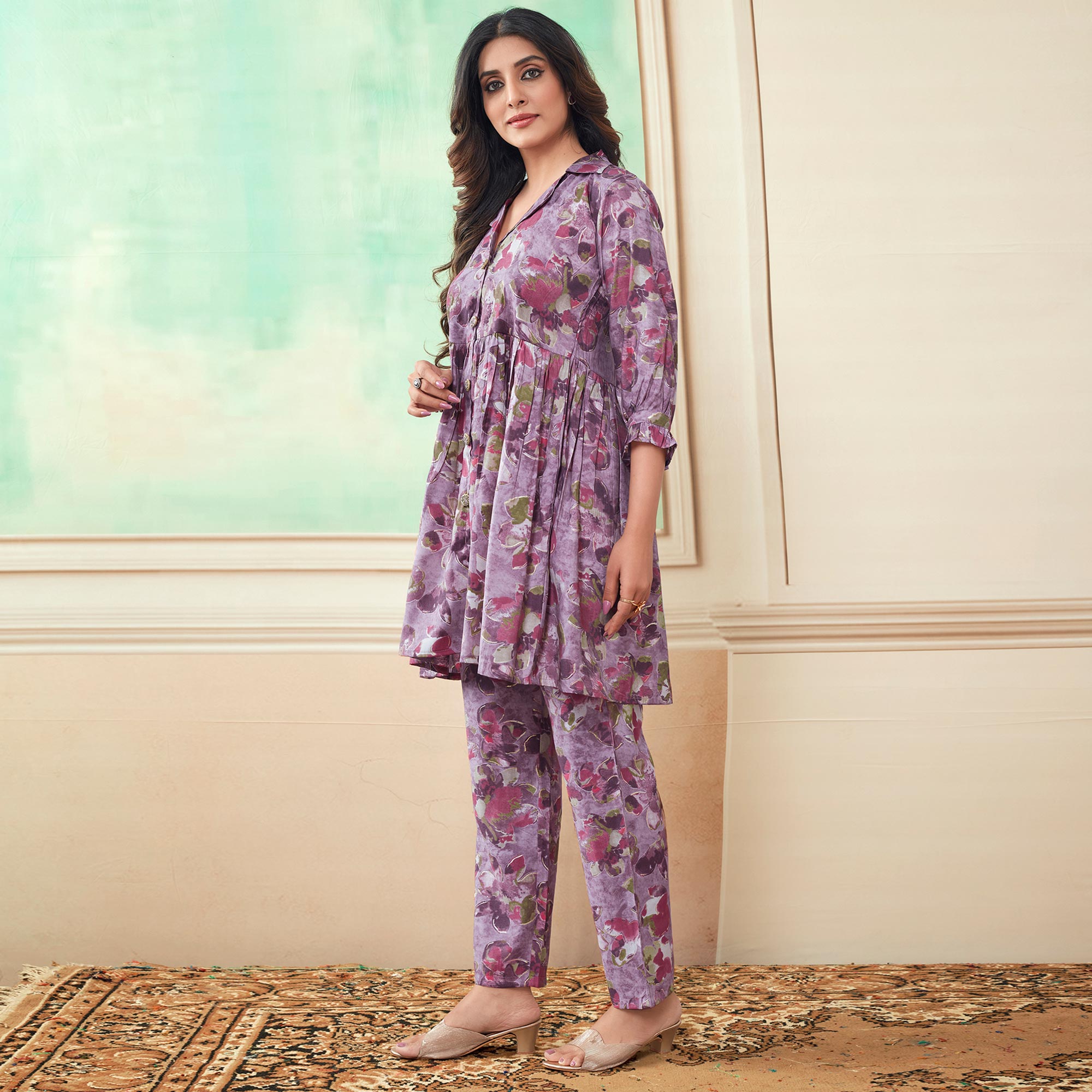 Lavender Floral Foil Printed Chanderi Silk Co Ord Set