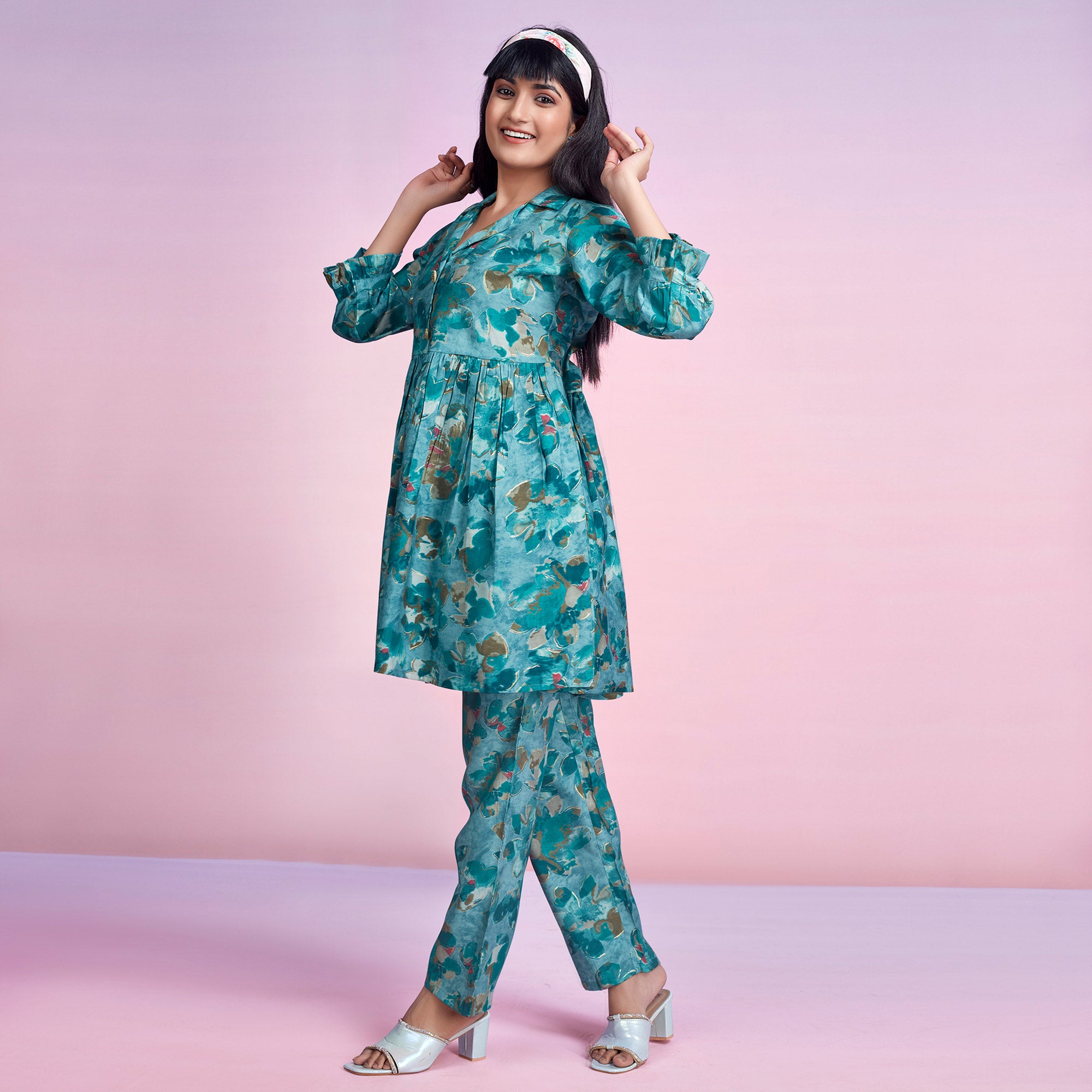 Turquoise Floral Foil Printed Chanderi Silk Co Ord Set