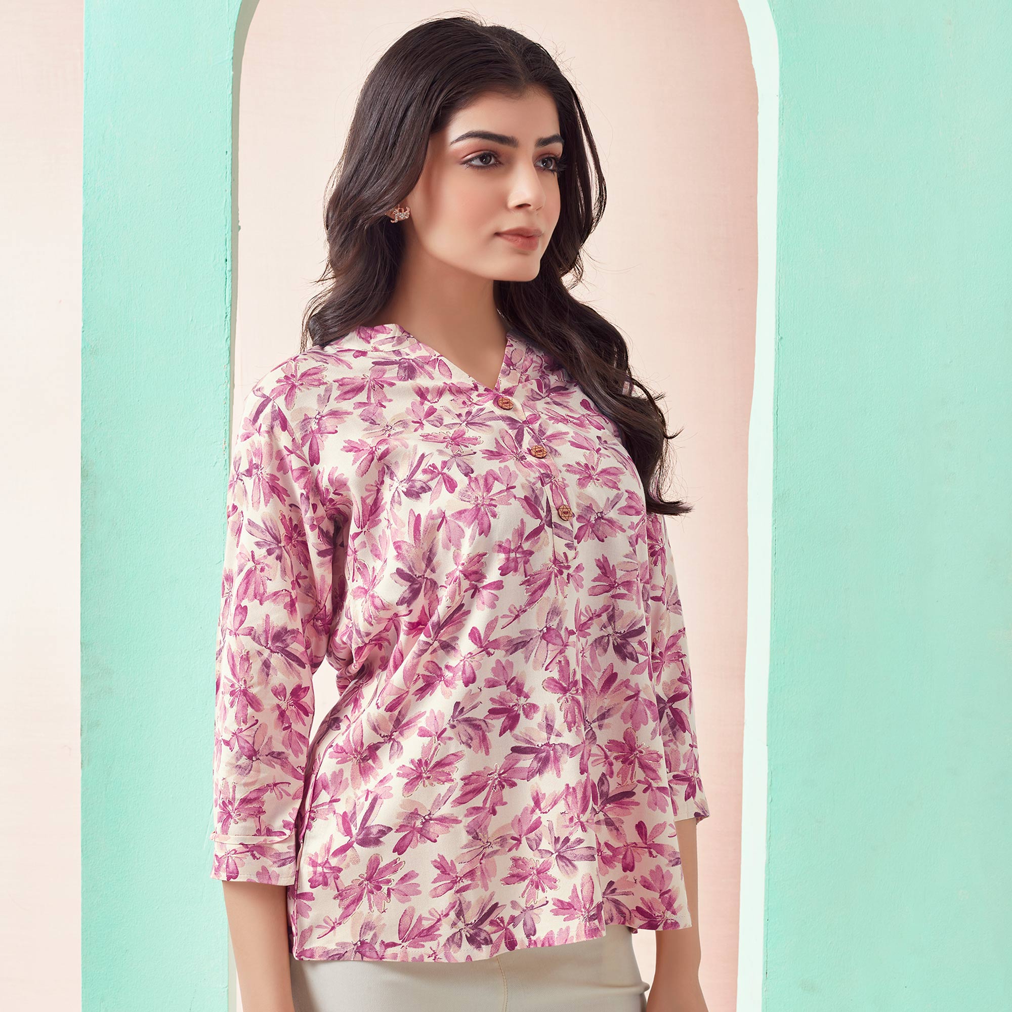 Cream & Pink Floral Foil Printed Rayon Straight Top