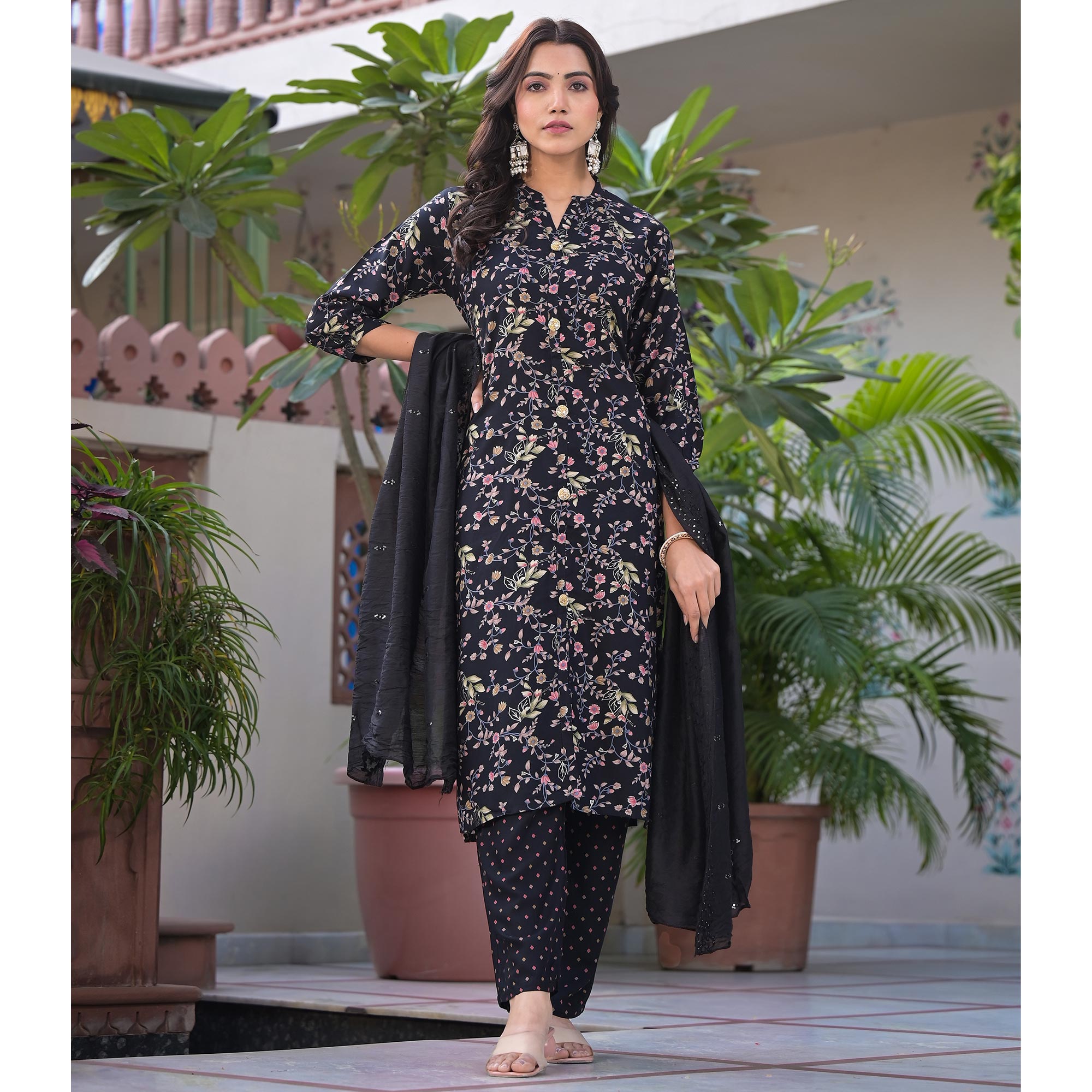 Black Floral Foil Printed Rayon Salwar Suits