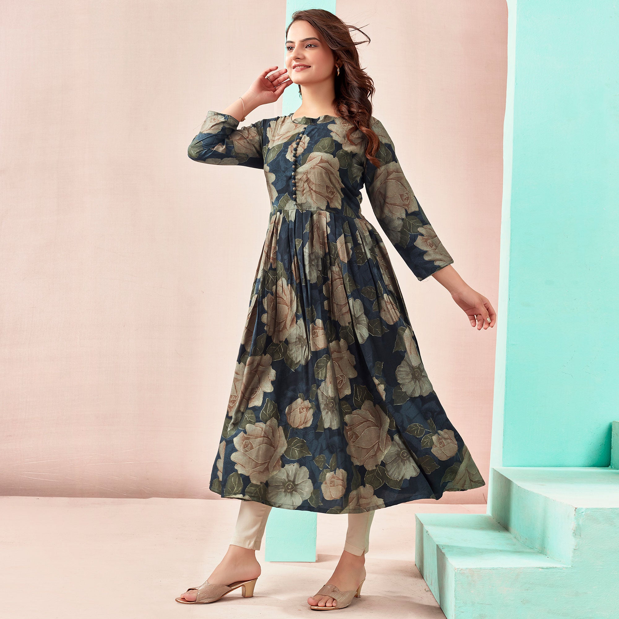 Navy Blue Floral Foil Printed Chanderi Silk Kurti