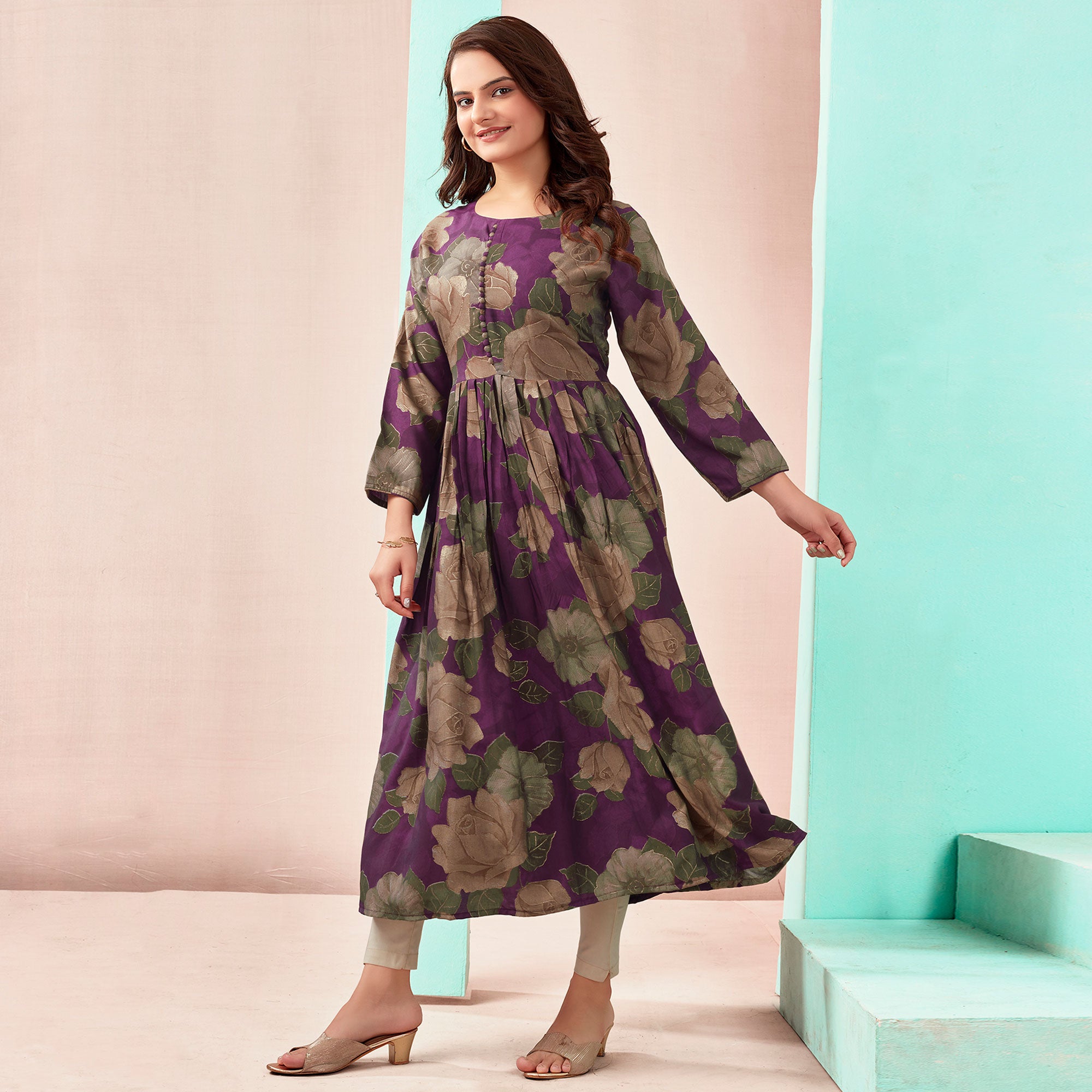 Wine Floral Foil Printed Chanderi Silk Kurti