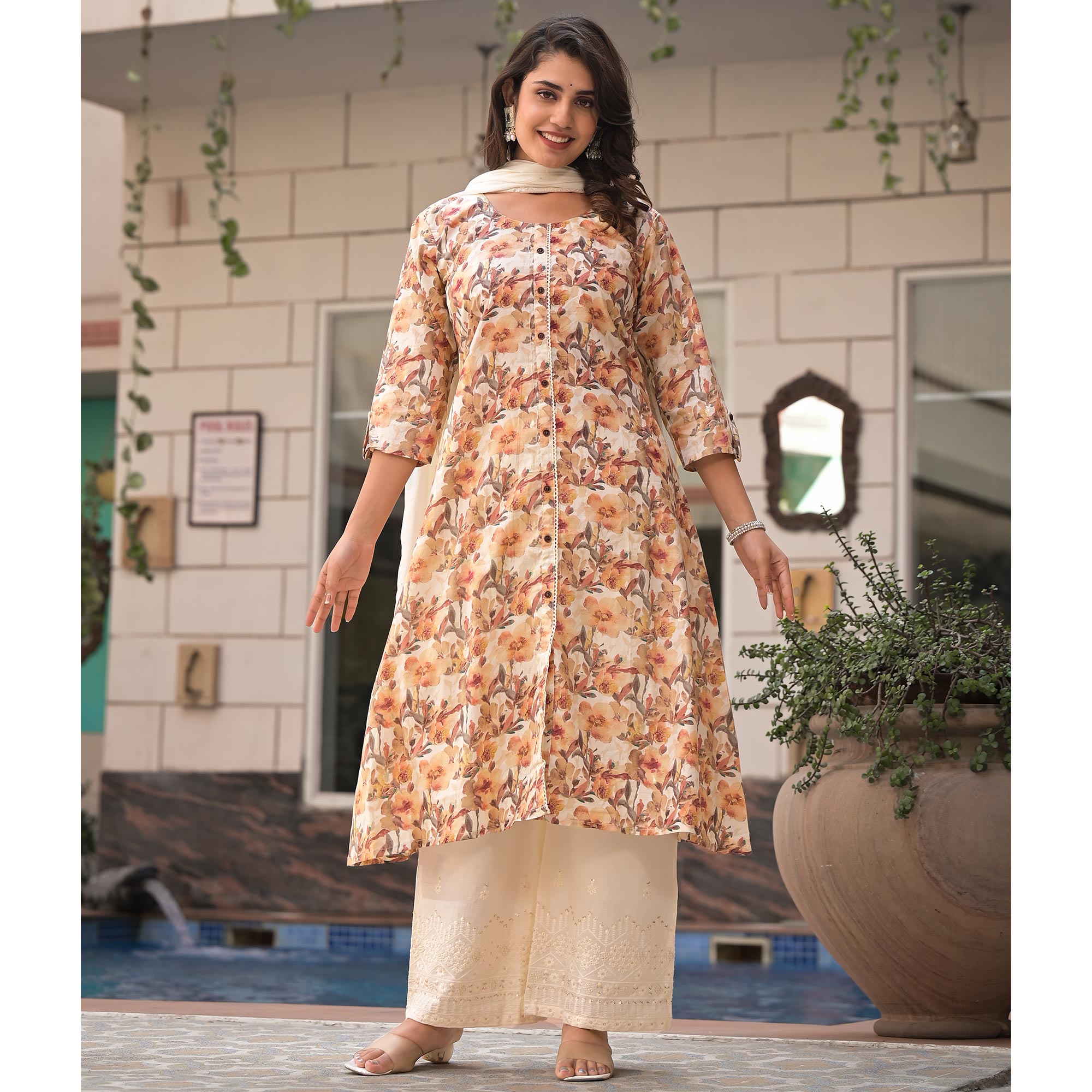 Off White Floral Printed Pure Cotton A-Line Plazzo Suit