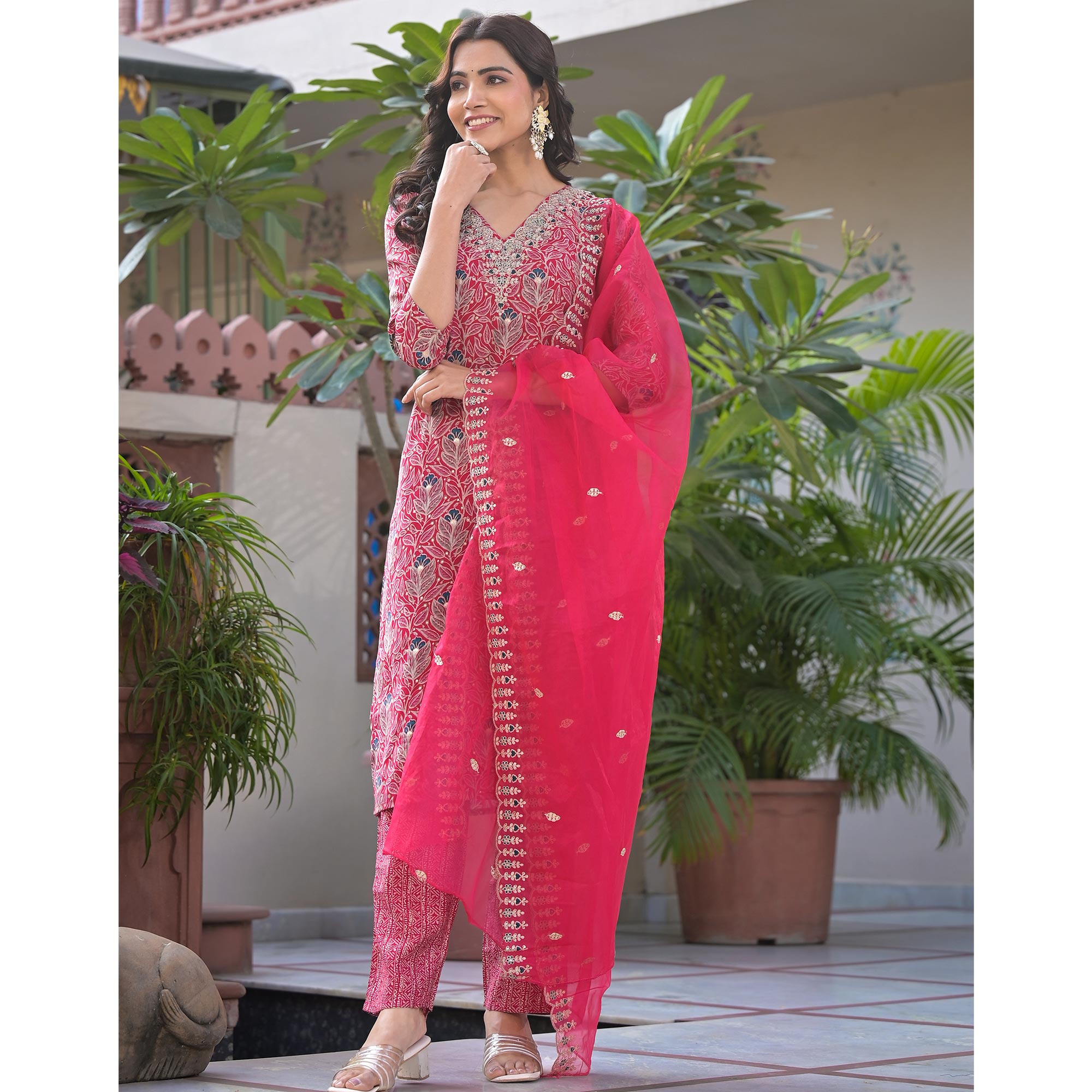 Pink Foil Printed Chanderi Straight Cut Salwar Suit
