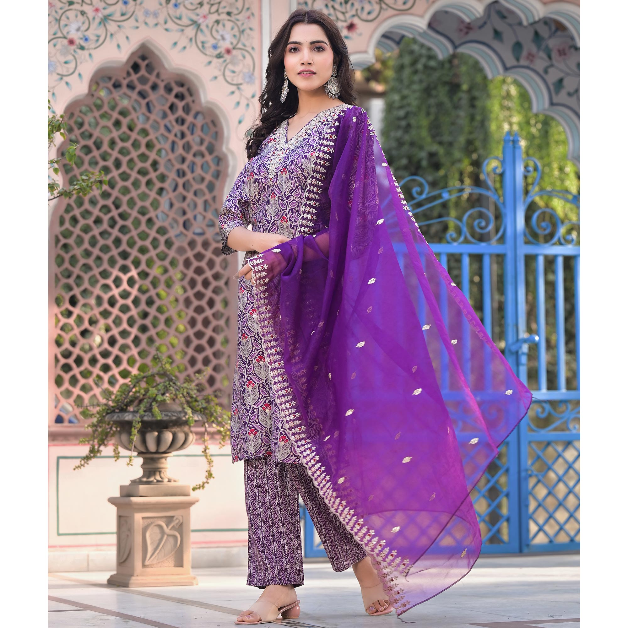 Purple Foil Printed Chanderi Straight Cut Salwar Suit