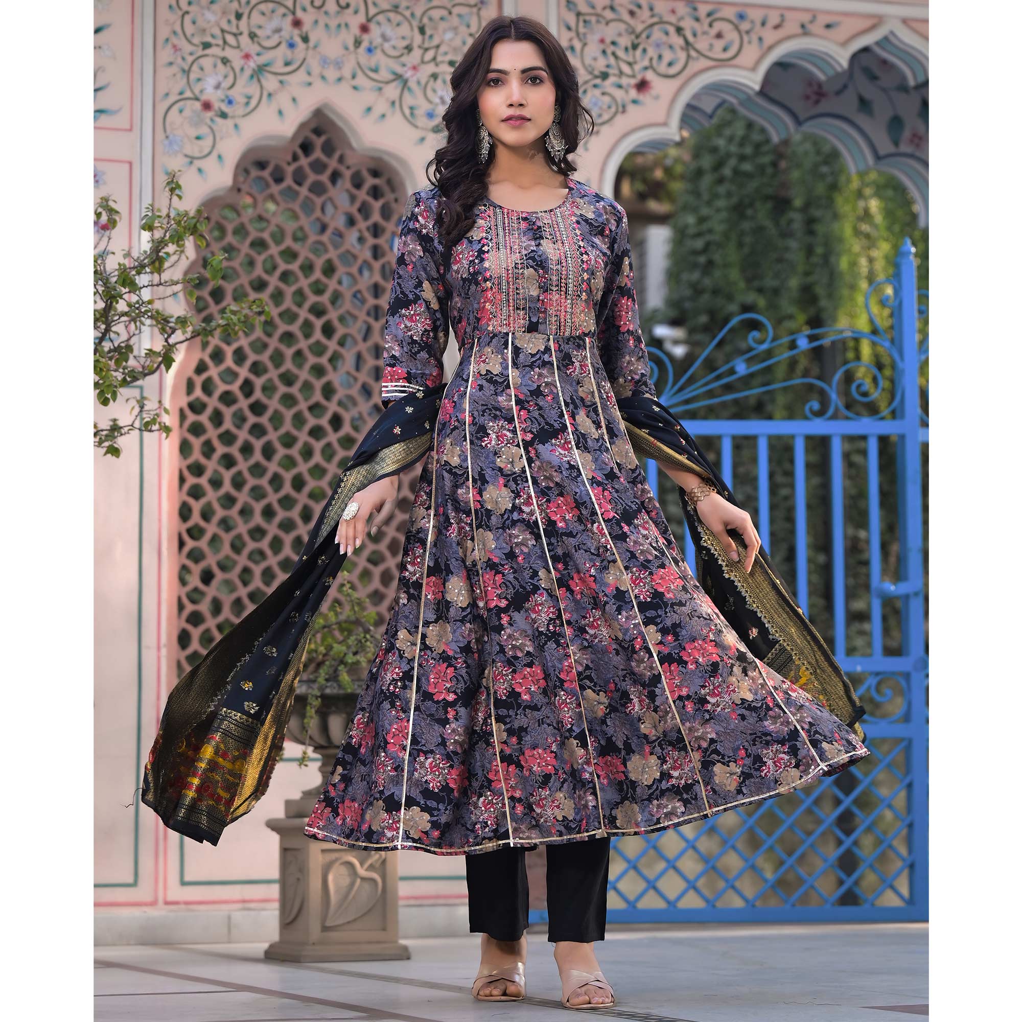 Black Floral Foil Printed Chanderi Silk Anarkali Salwar Suit