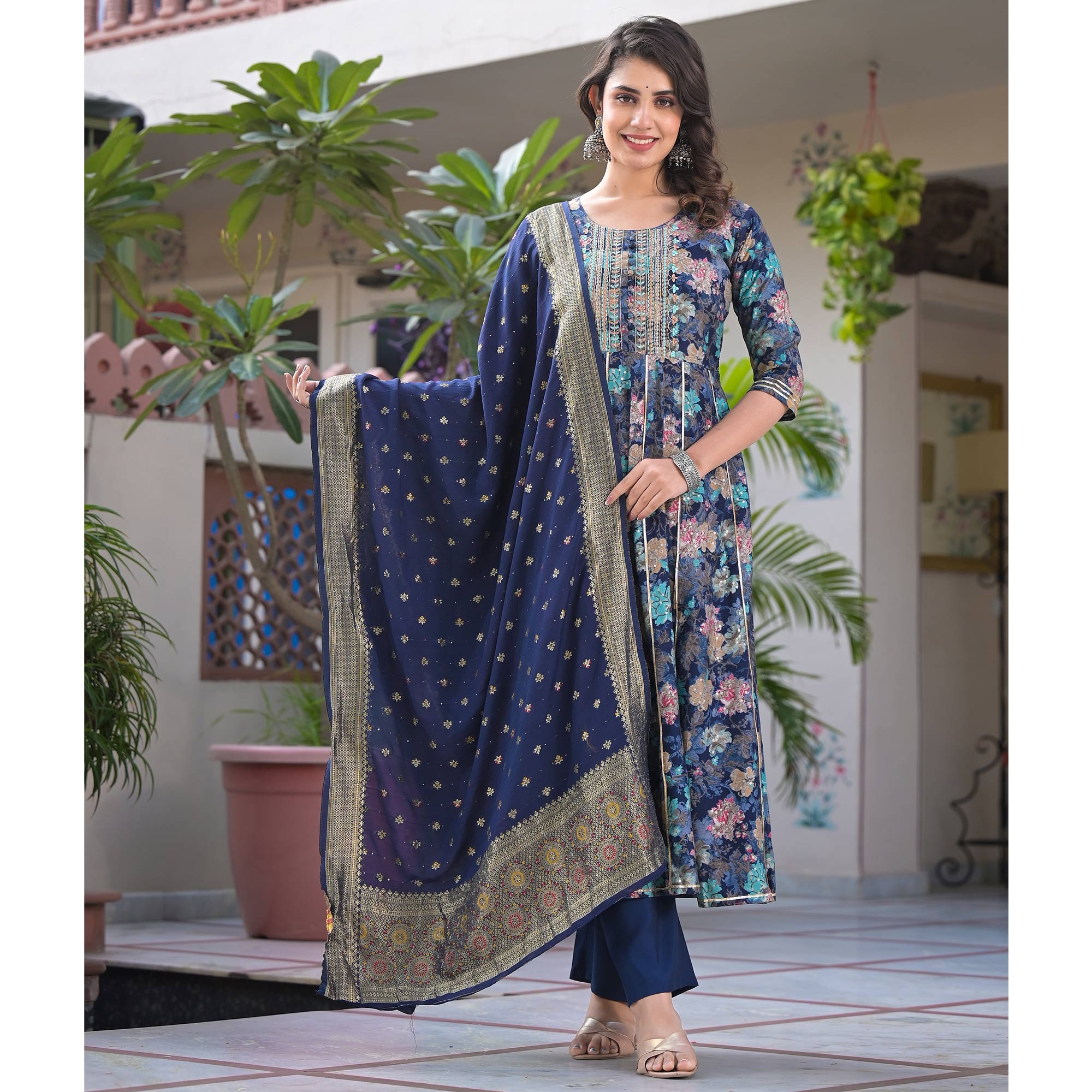 Navy Blue Floral Foil Printed Chanderi Silk Anarkali Salwar Suit