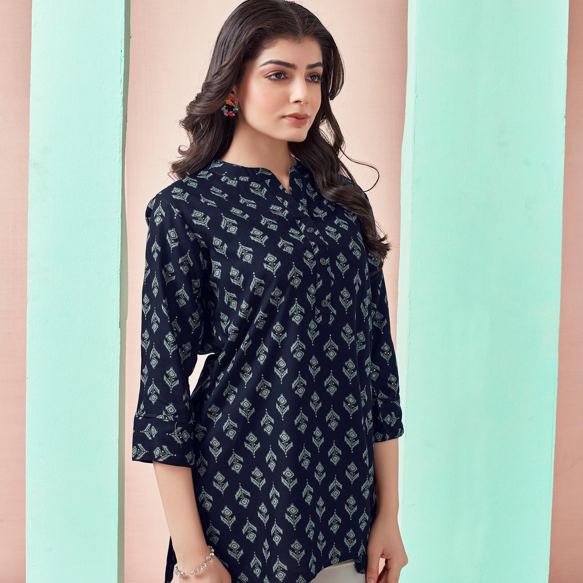 Navy Blue Floral Printed Rayon Straight Top