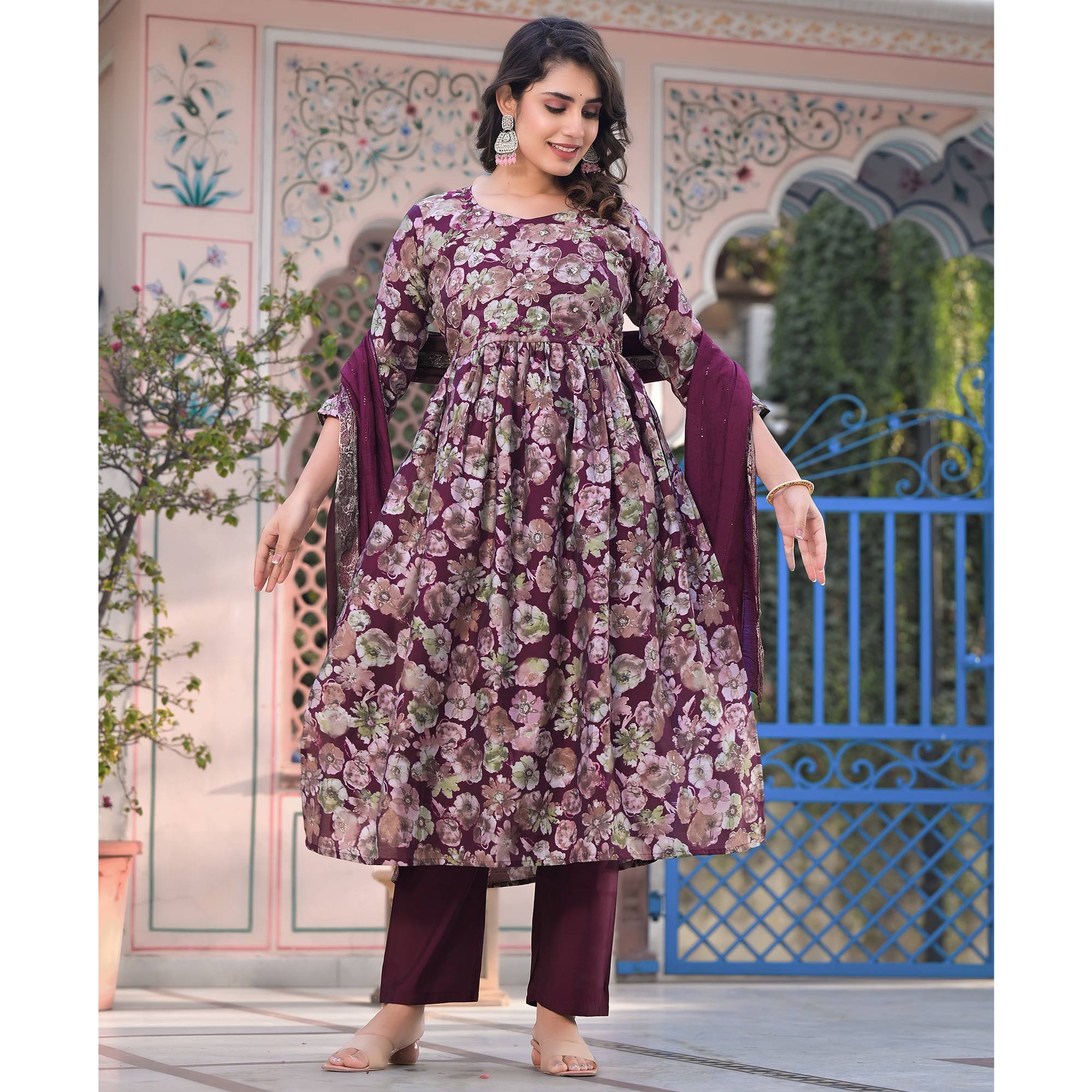 Wine Floral Printed Chanderi Silk Salwar Suit With Handcrafted
