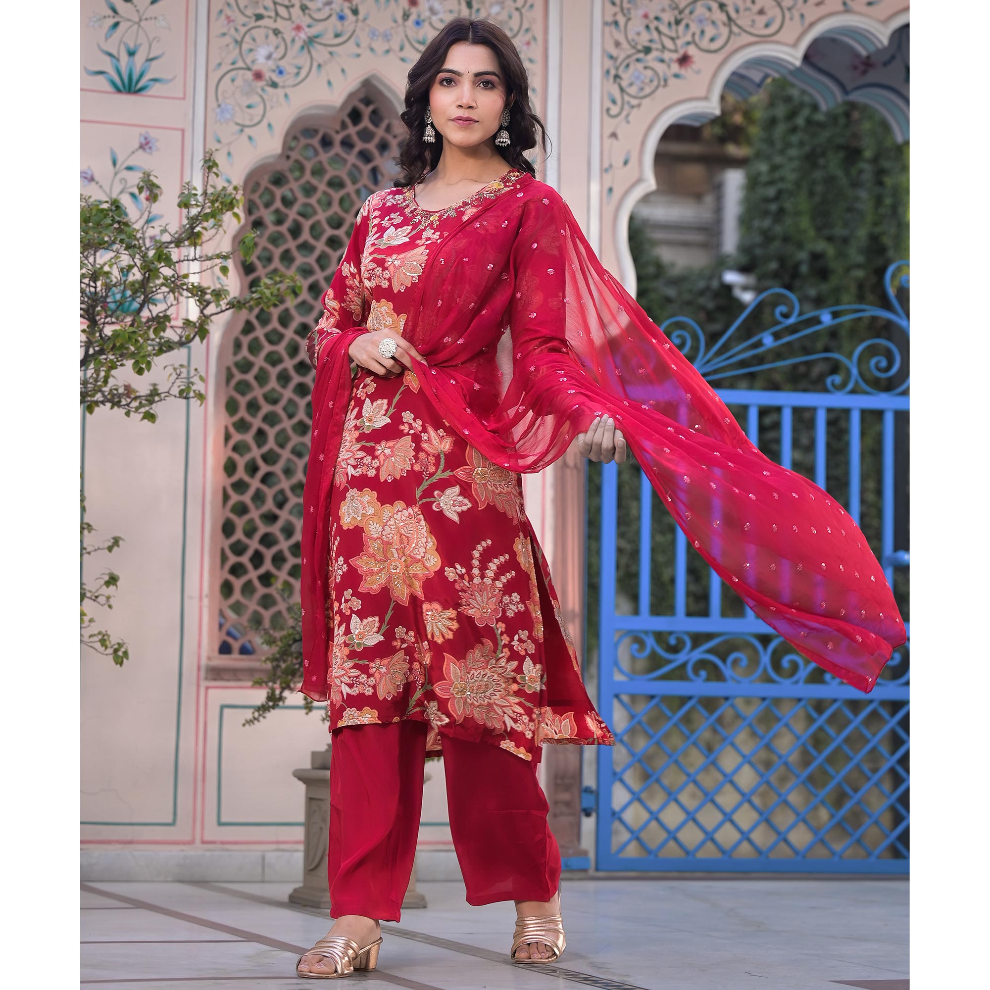 Red Floral Printed Beads Embroidered Crepe Salwar Suit