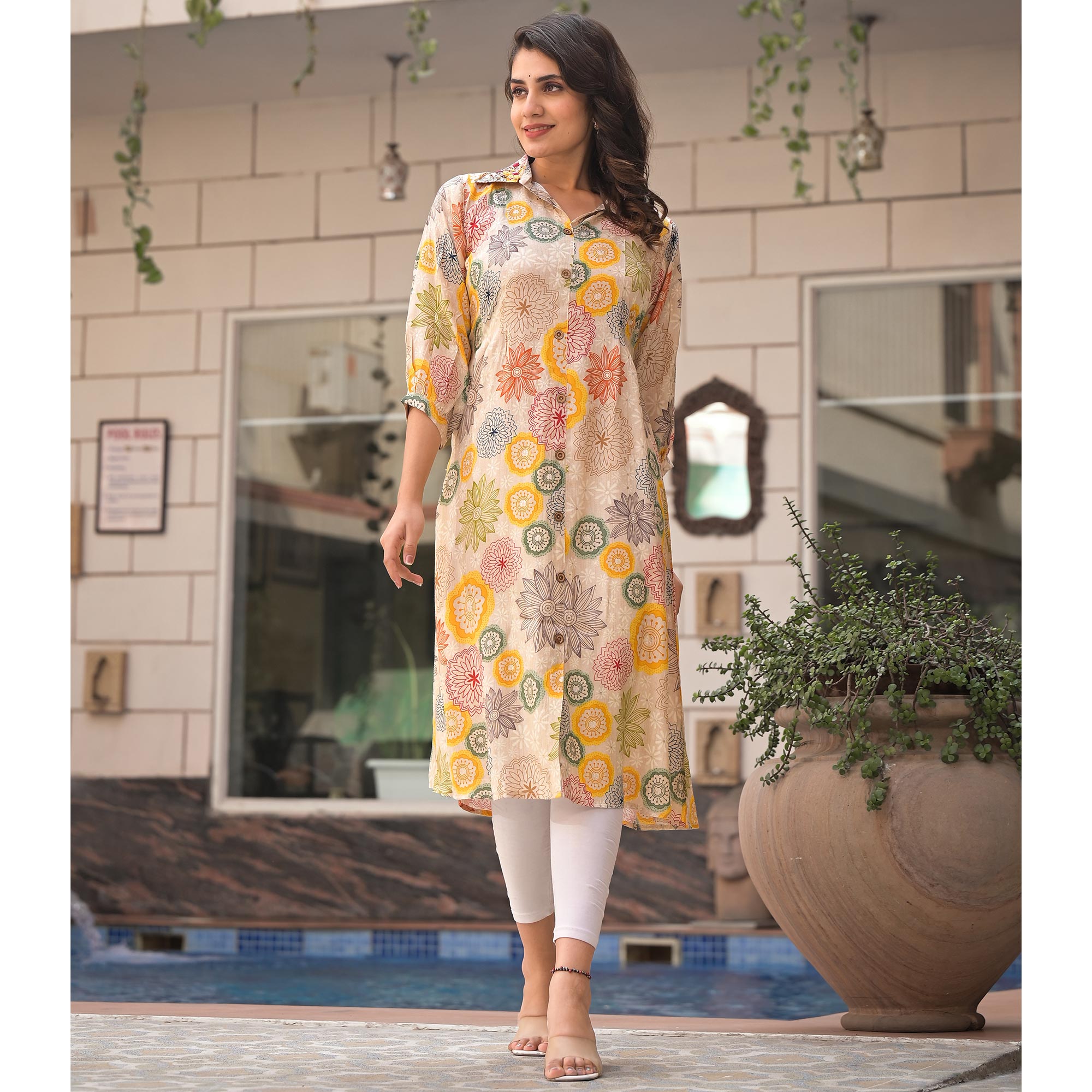 Multicolor Floral Printed Muslin A-line Kurti Dress