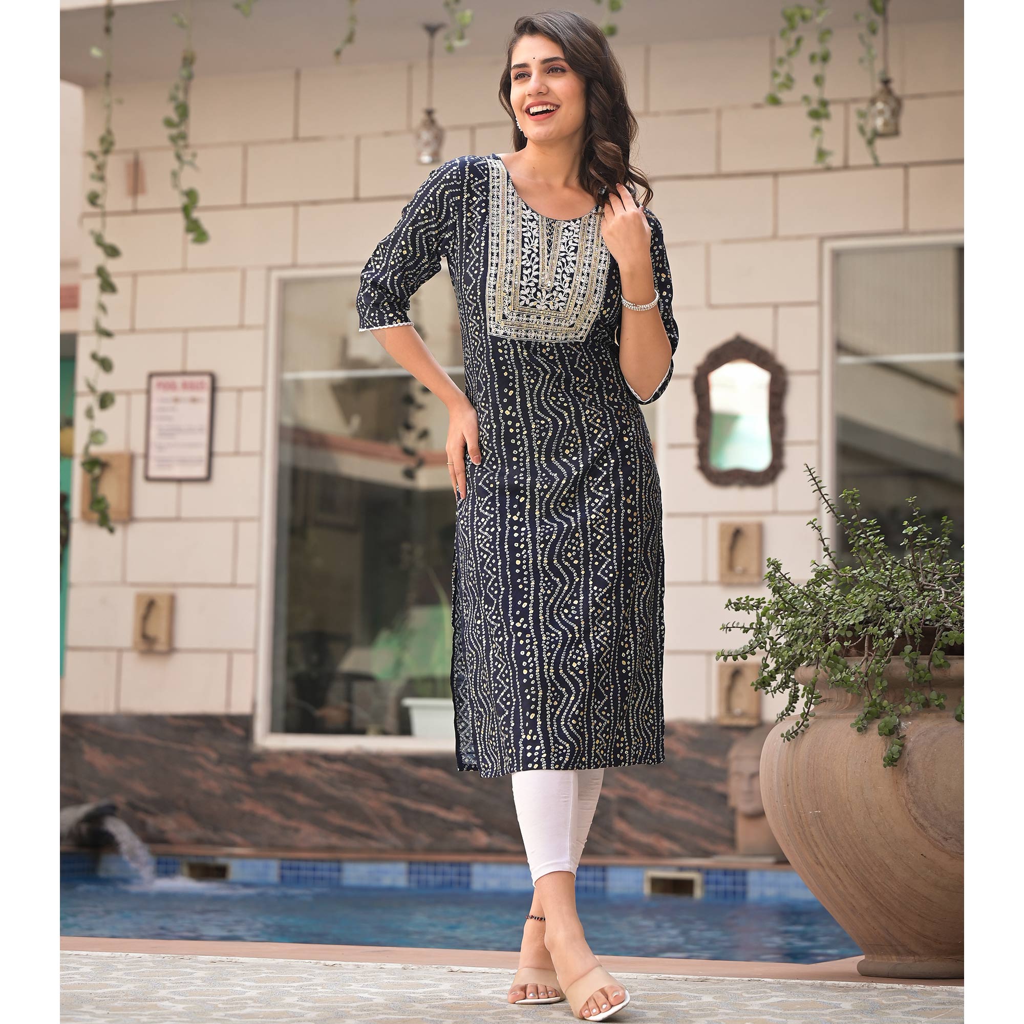 Blue Foil Bandhani Printed With Embroidered Rayon Kurti