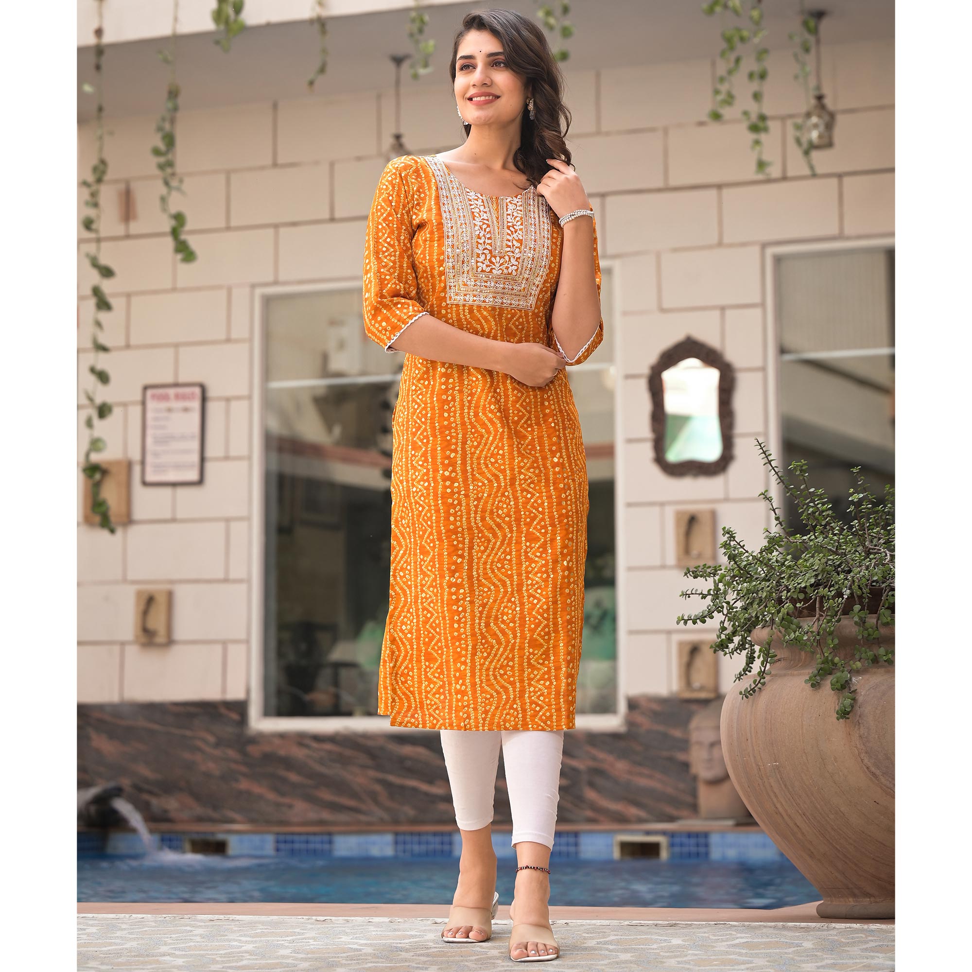 Mustard Foil Bandhani Printed With Embroidered Rayon Kurti