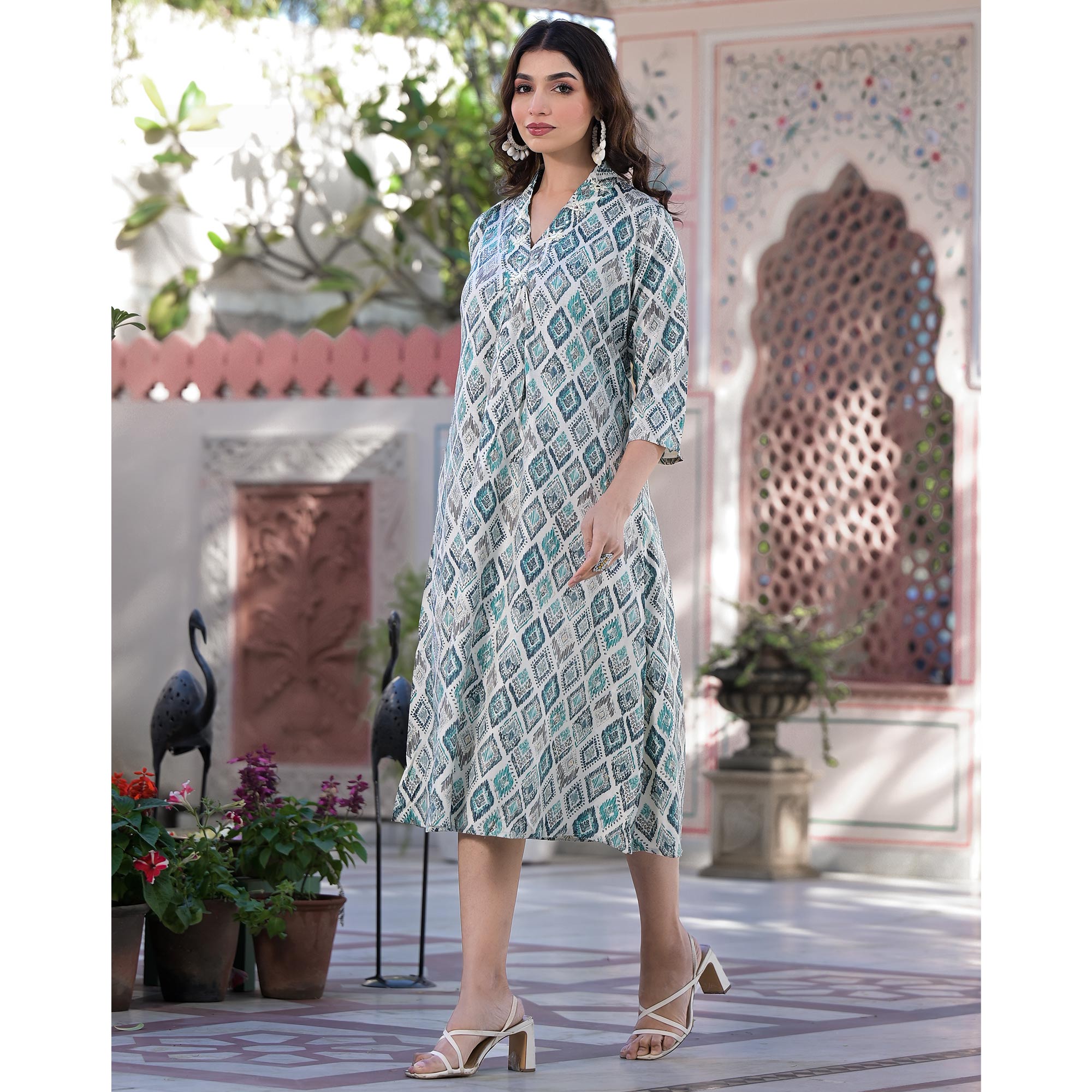 Blue Foil Printed Pure Cotton A-Line Kurti Dress