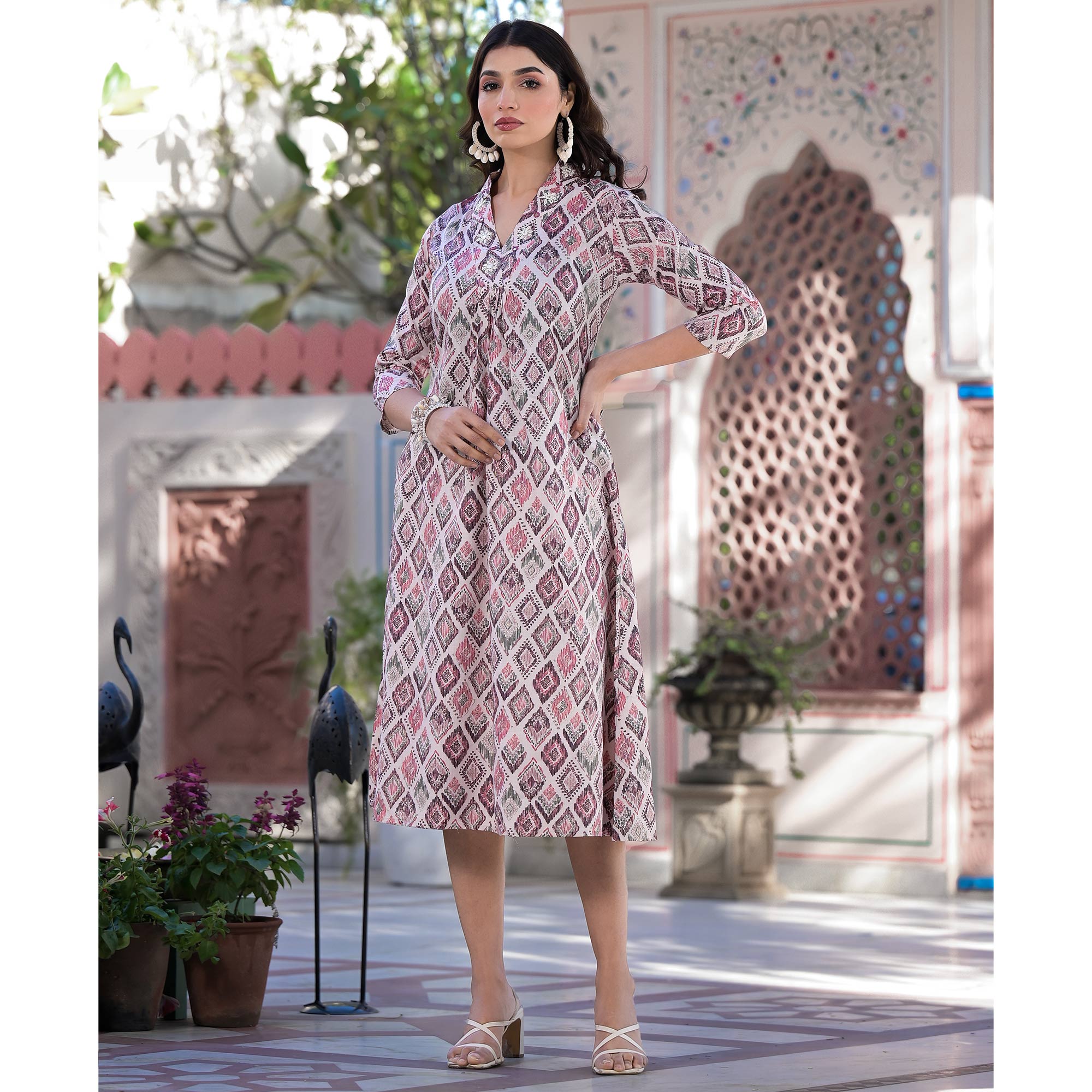 Wine Foil Printed Pure Cotton A-Line Kurti Dress