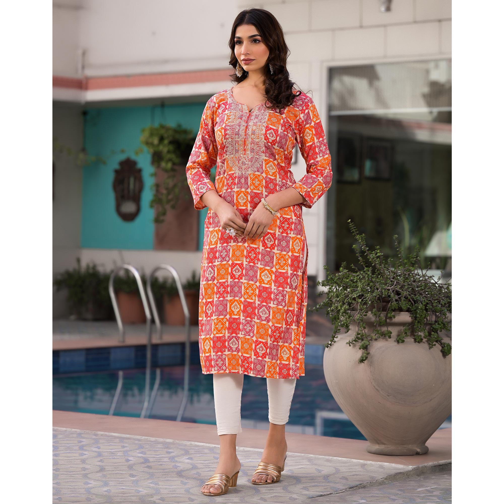 Red & Orange Bandhani Foil Printed Rayon Straight Kurti