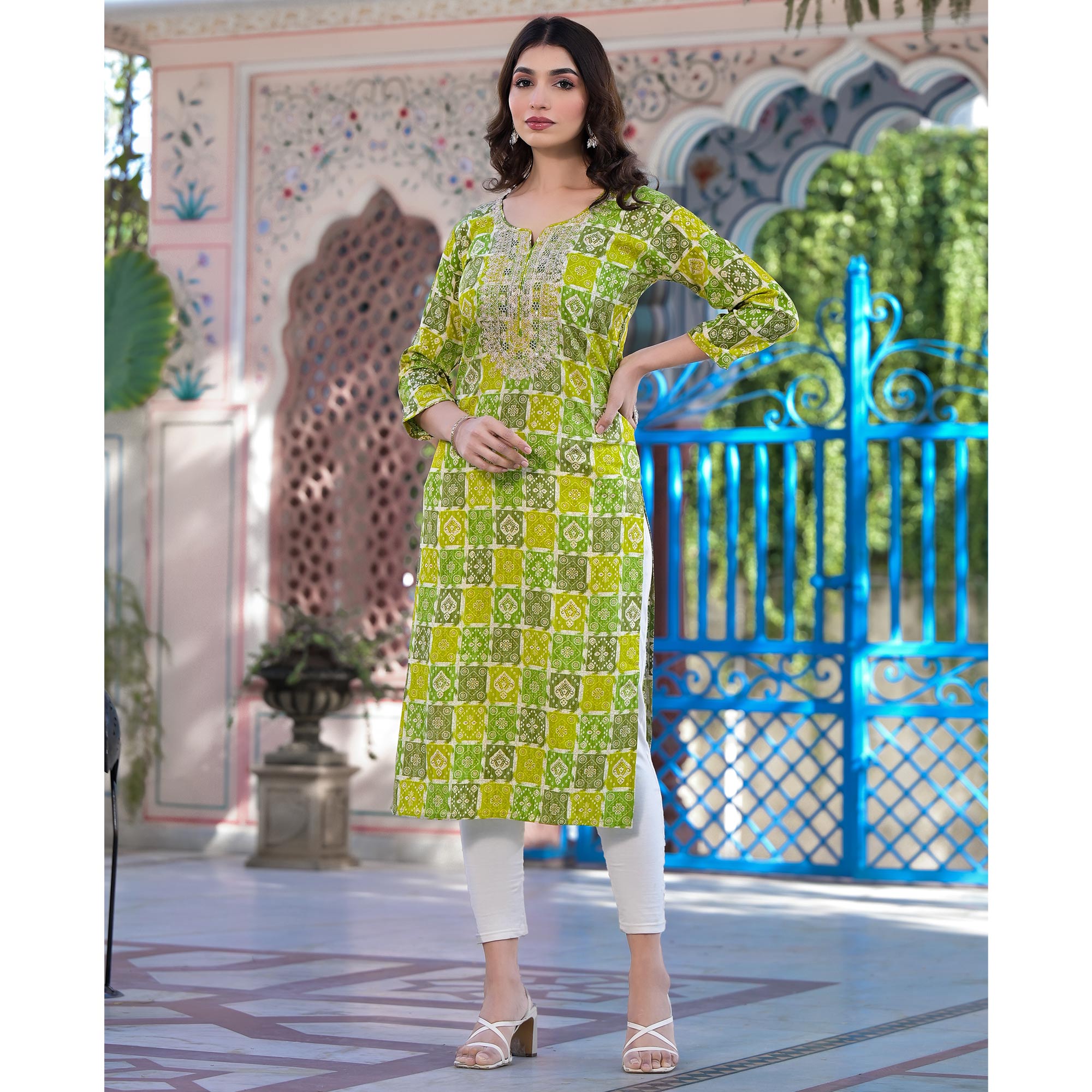 Yellow & Green Bandhani Foil Printed Rayon Straight Kurti