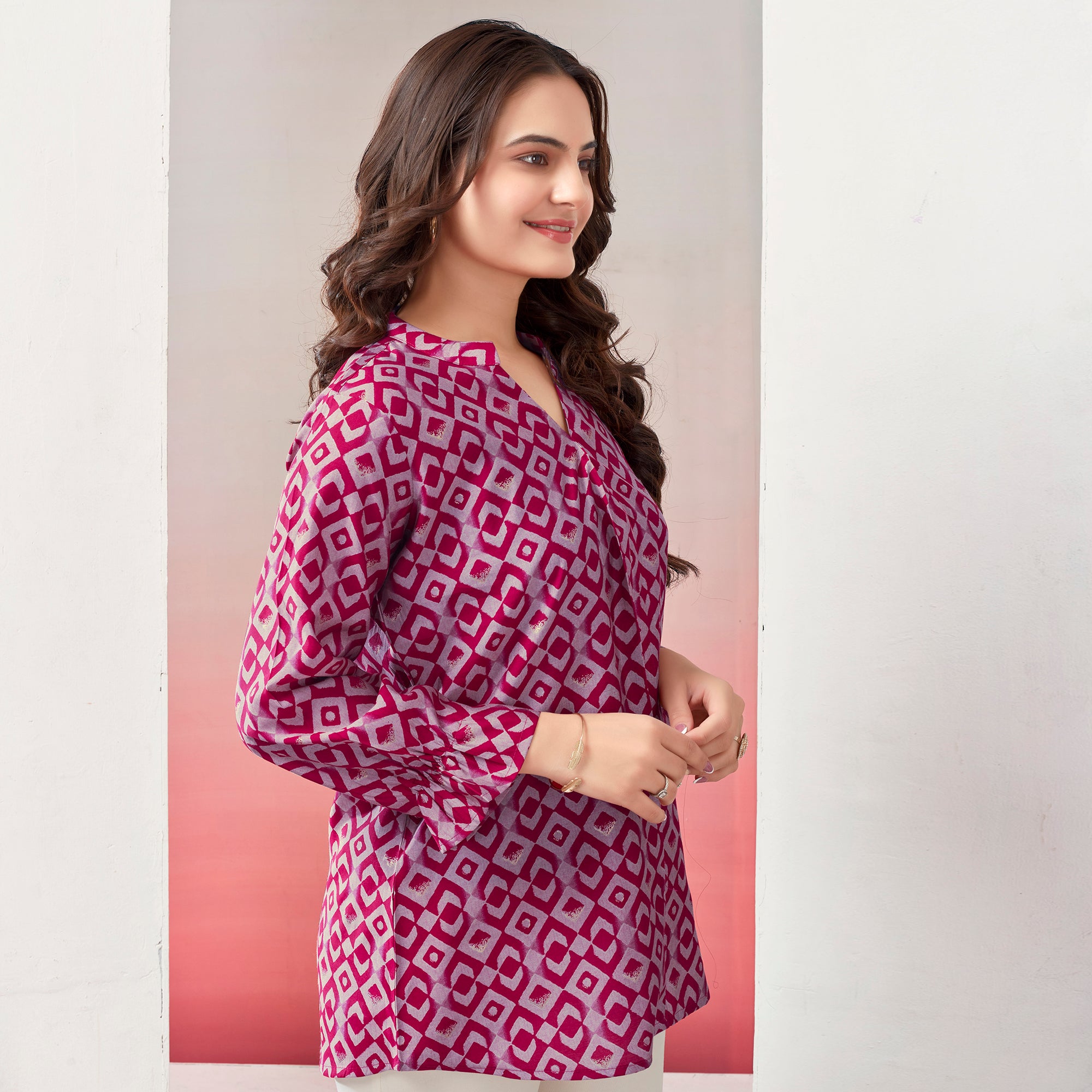 Pink Blue Printed Chanderi Silk Straight Top