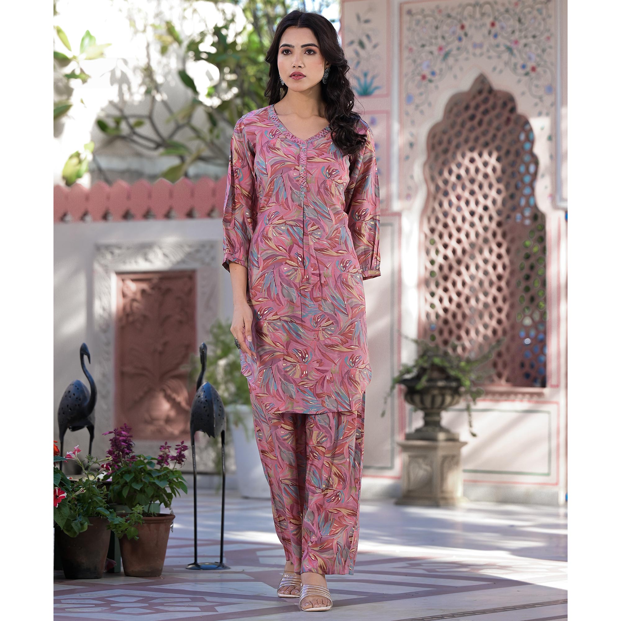 Pink Floral Foil Printed Chanderi Silk Straight Co-ord Set