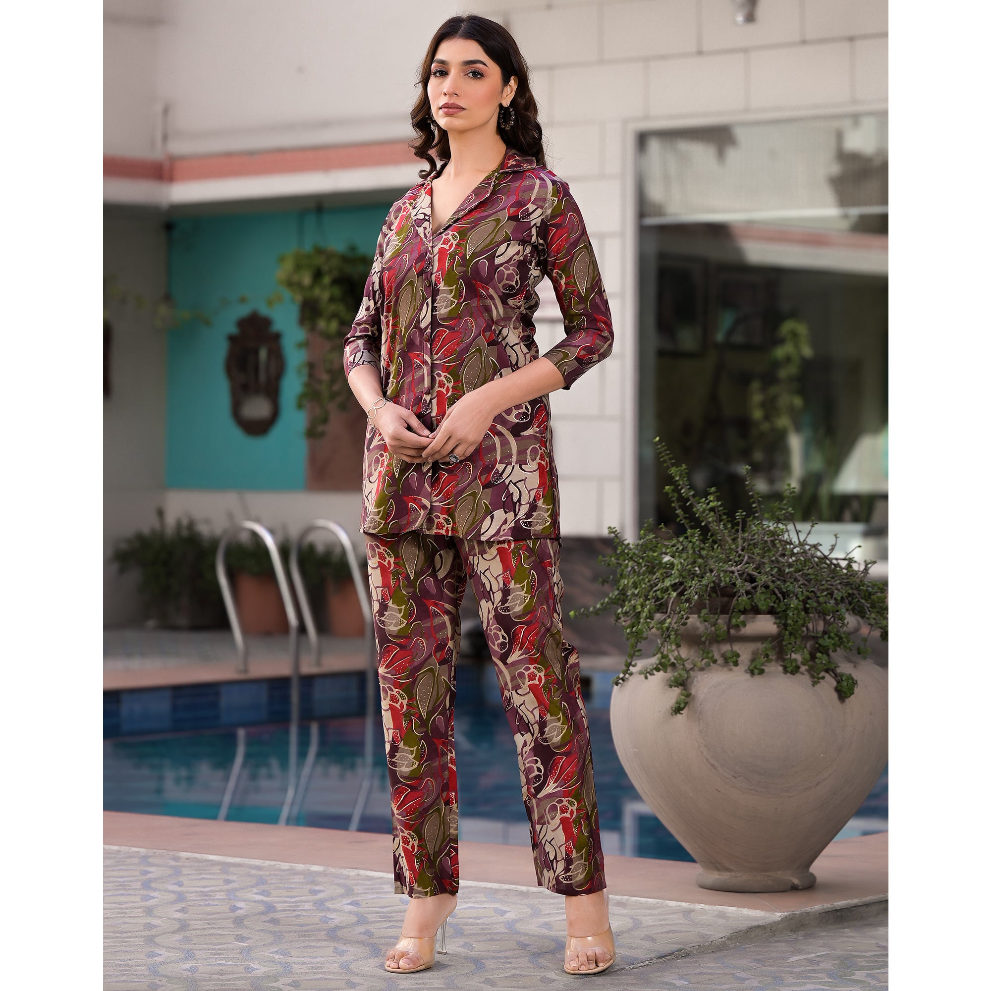 Purple Foil Printed Chanderi Silk Co Ord Set