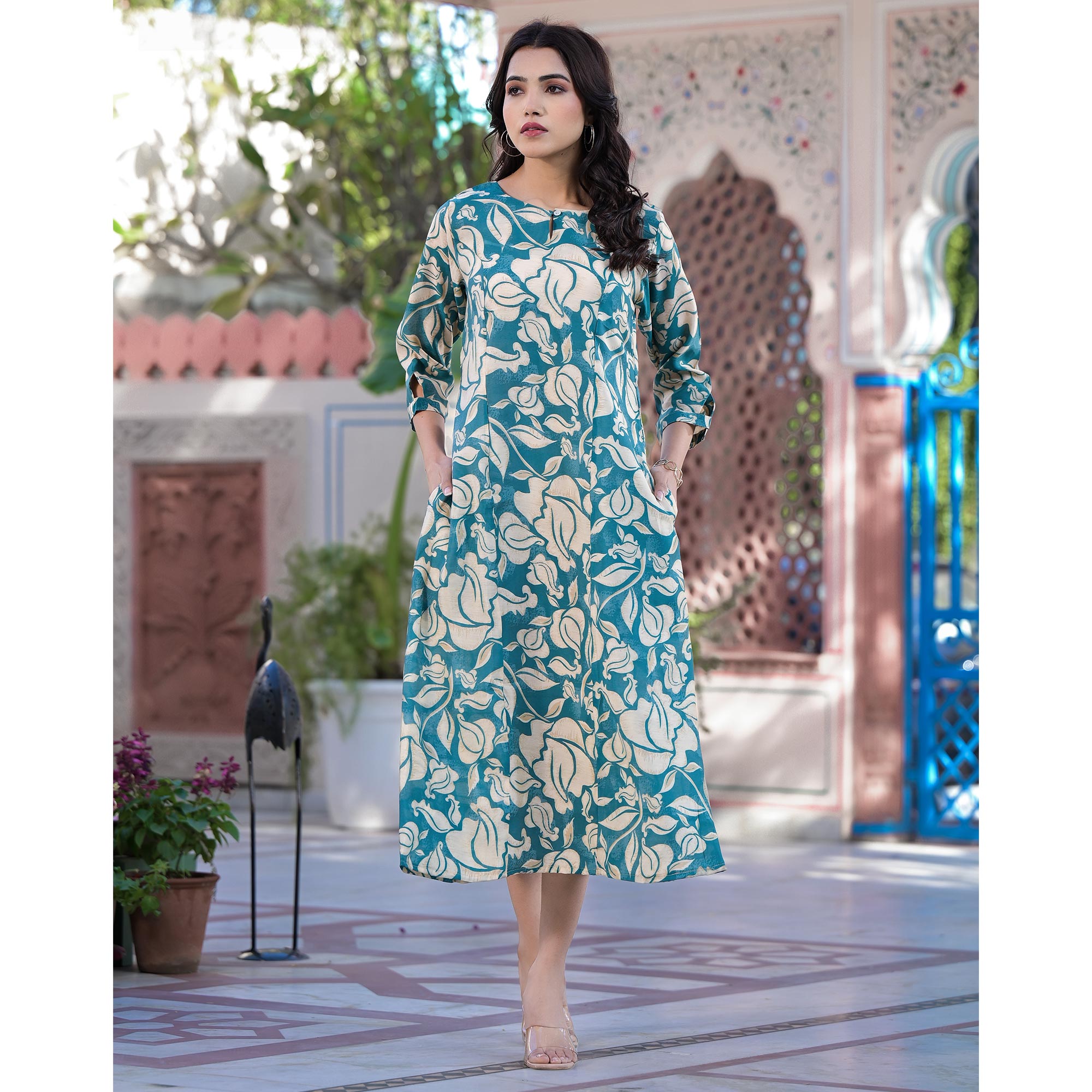 Turquoise Floral Printed Chanderi Silk Dress