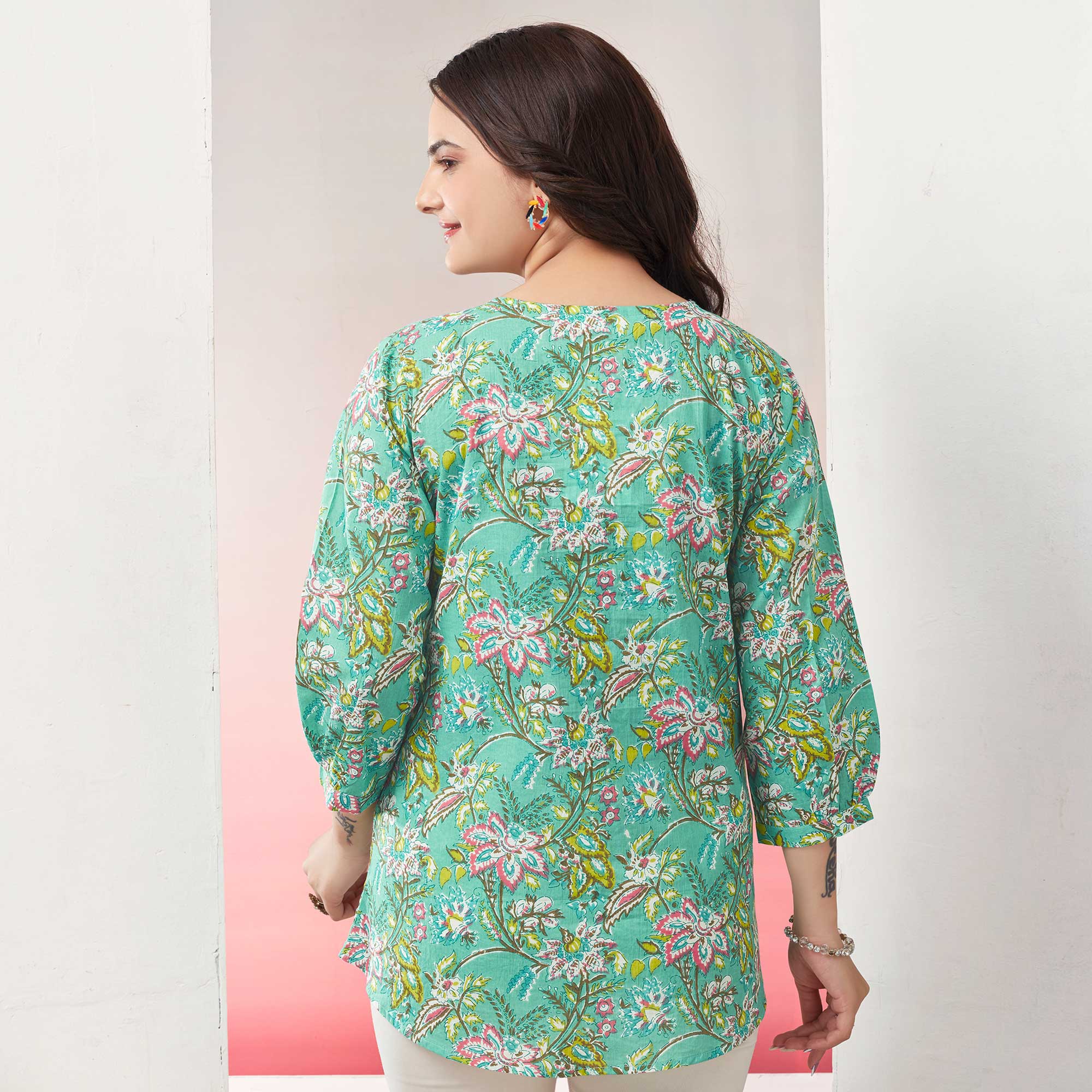 Turquoise Floral Printed Pure Cotton Top