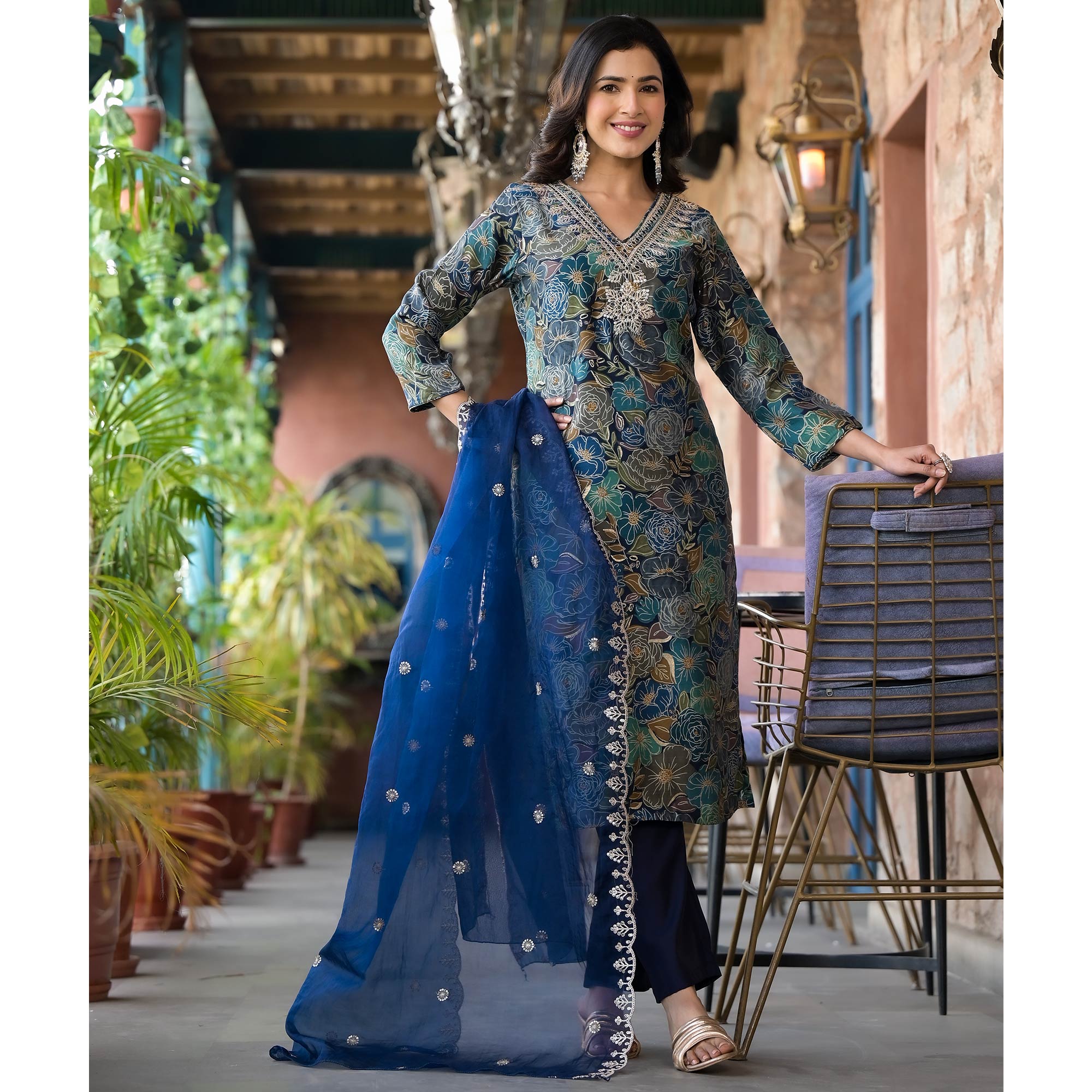 Navy Blue Floral Printed Chanderi Silk Salwar Suit With Sequins Work