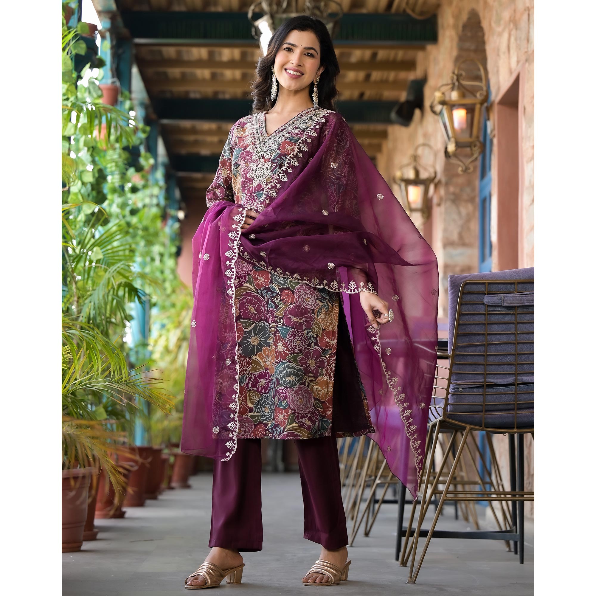 Wine Floral Printed Chanderi Silk Salwar Suit With Sequins Work