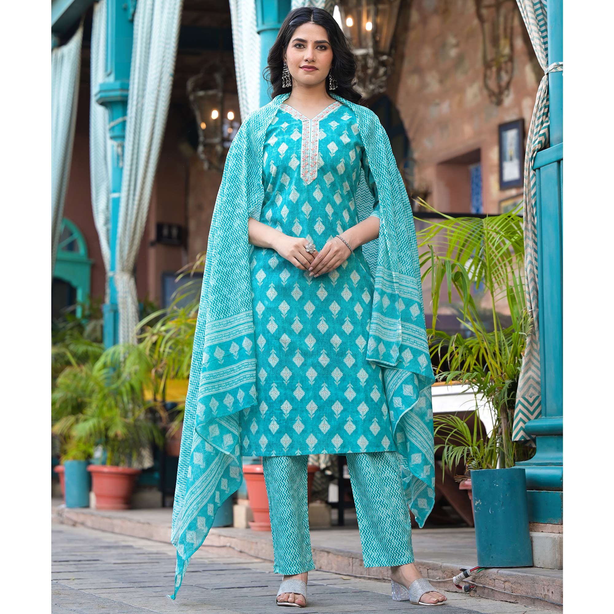 Turquoise Printed Pure Cotton Salwar Suit With Handcrafted
