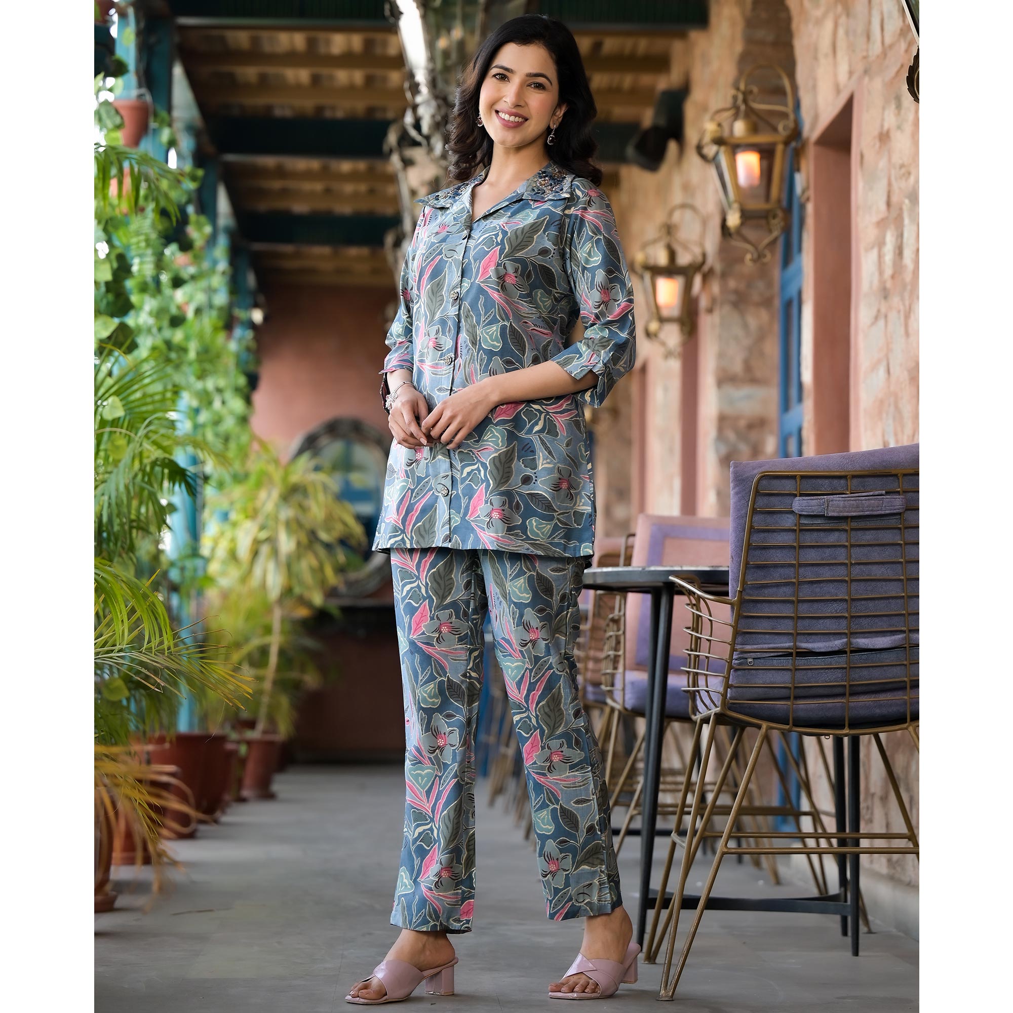 Denim Blue Floral Printed Chanderi Silk Co-Ord Sets With Handcrafted