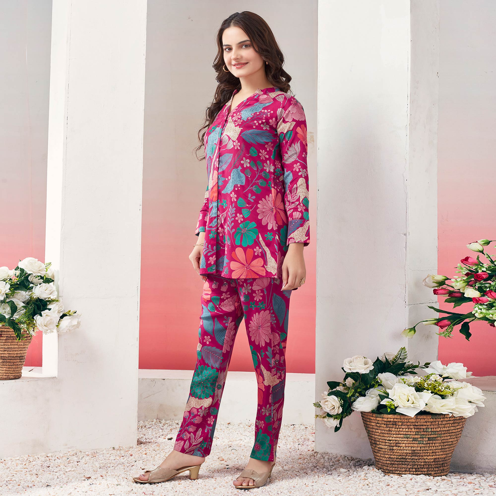 Pink Floral Printed Muslin Co Ord Set