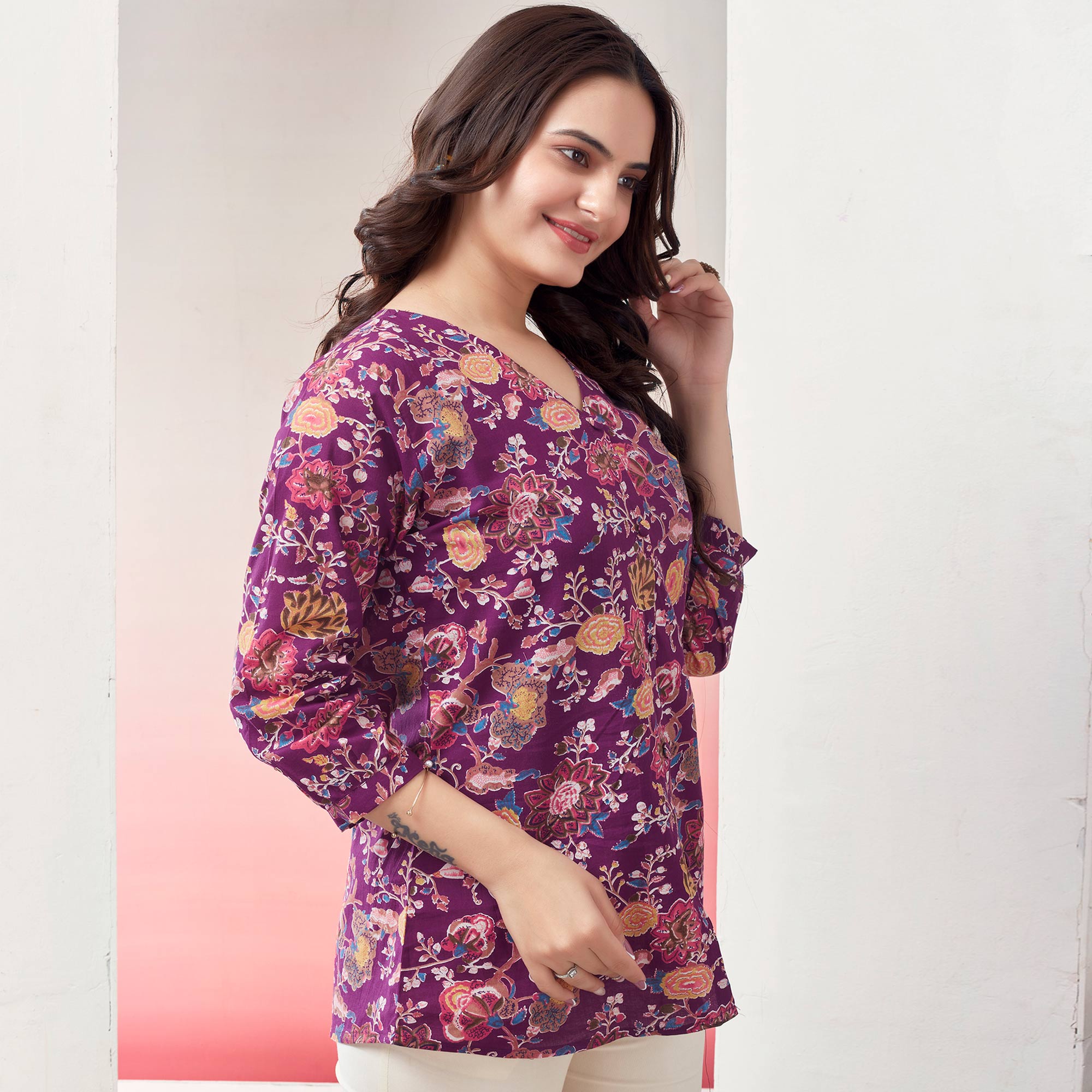 Purple Floral Printed Pure Cotton Top