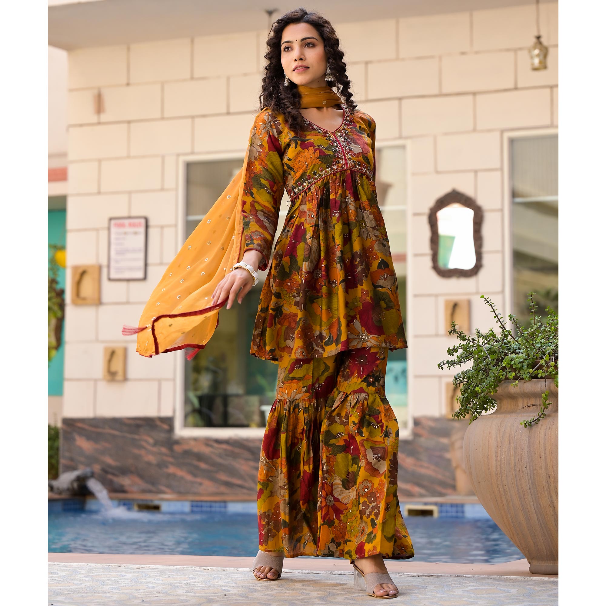 Mustard Floral Foil Printed Chanderi Silk Sharara Suit