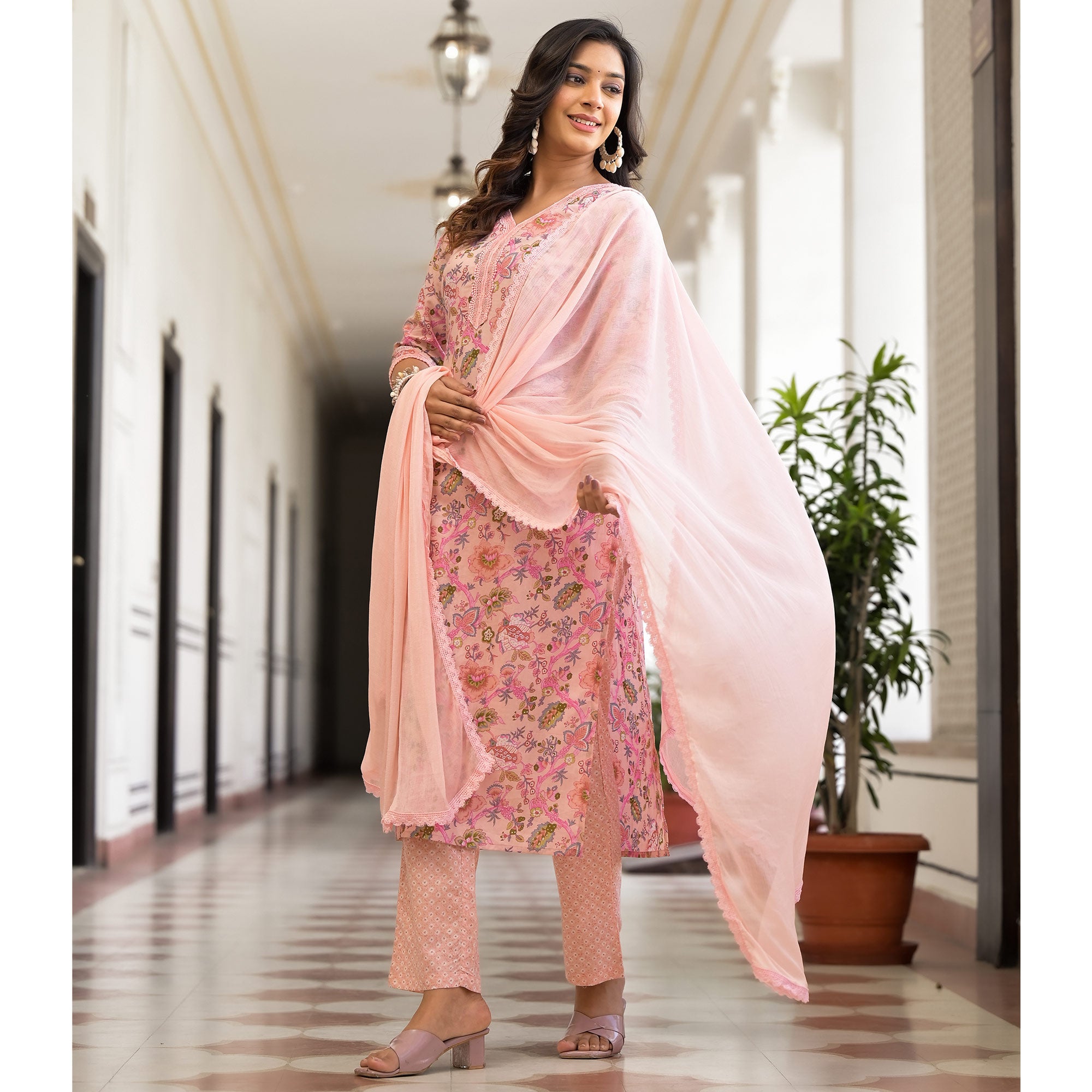 Baby Pink Floral Printed Pure Cotton Straight Salwar Suit