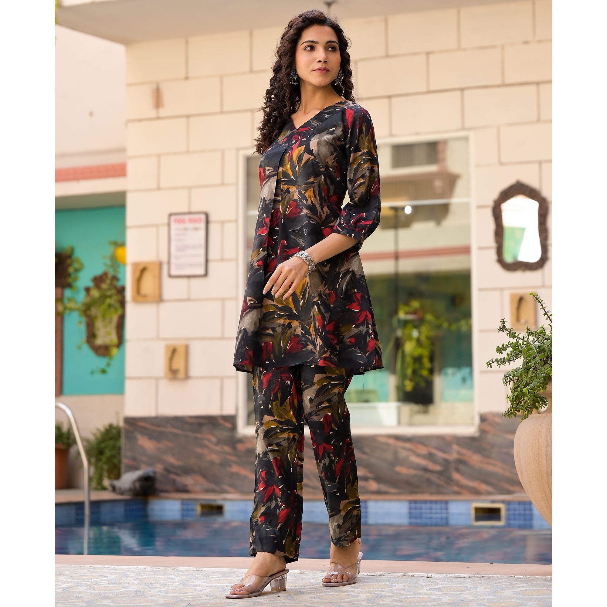 Black Floral Printed Chanderi Silk Co Ord Set