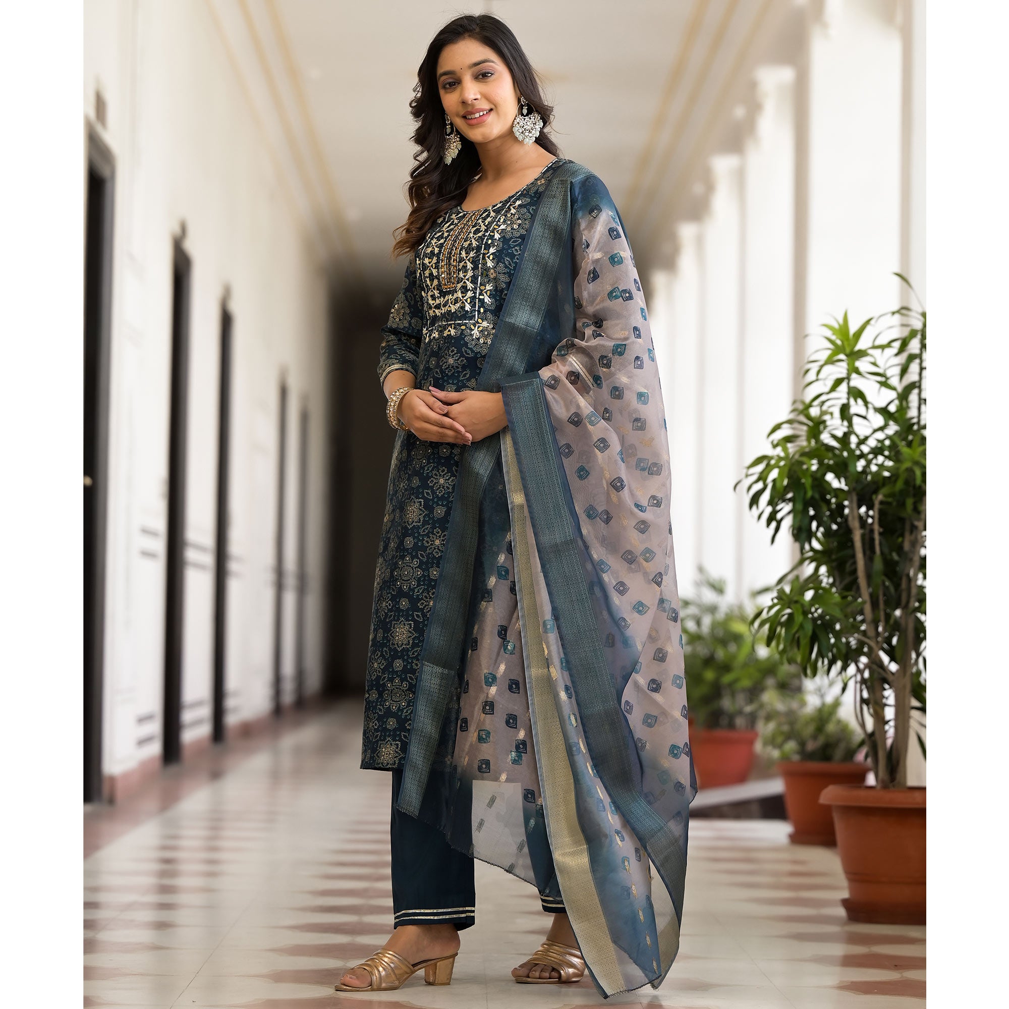 Navy Blue Bandhani Printed Chanderi Silk Straight Salwar Suit