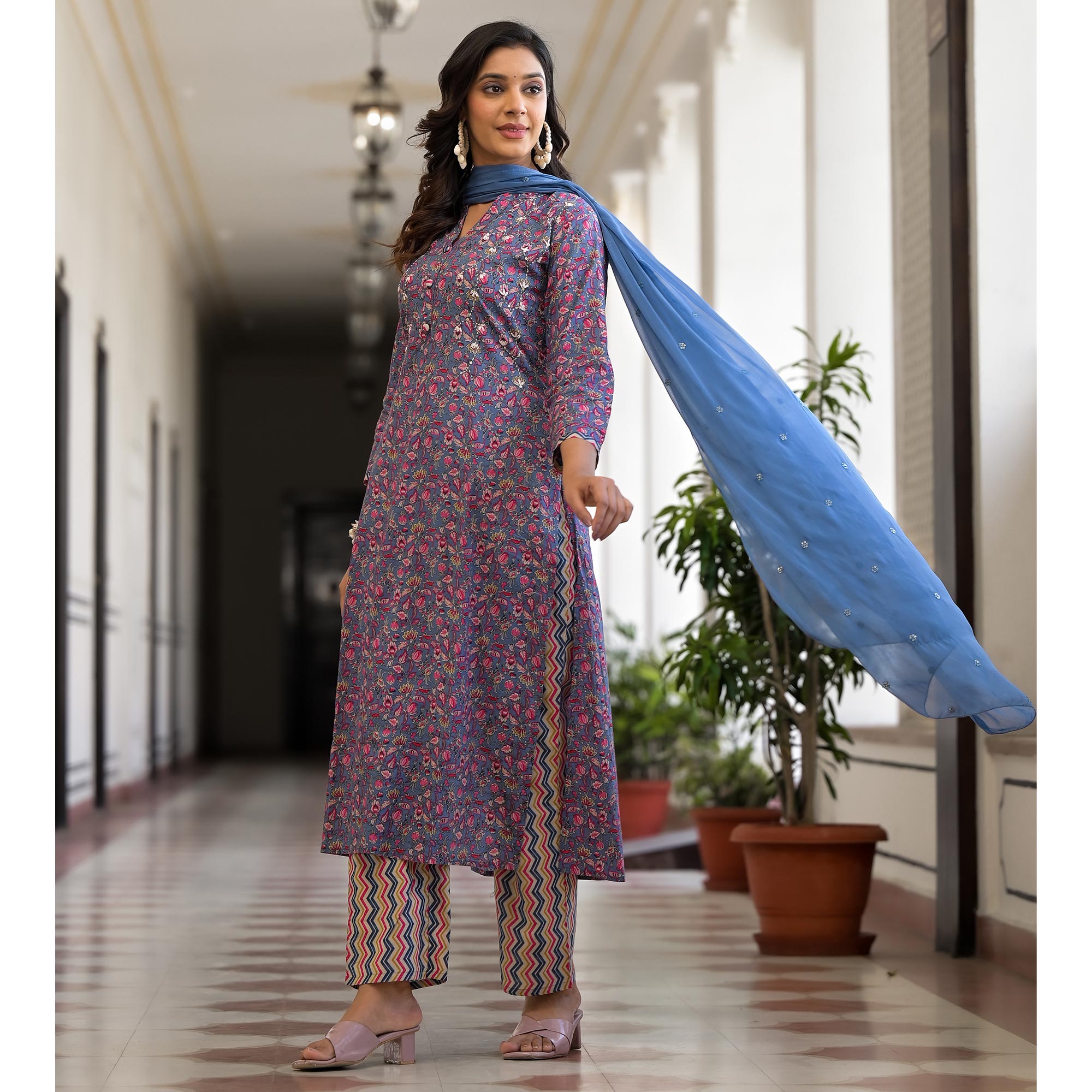 Blue Floral Printed Pure Cotton Straight Salwar Suit