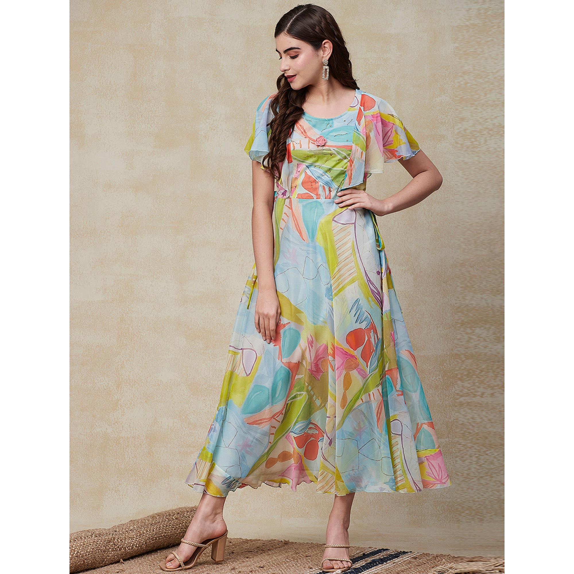 Sky Blue Printed A-Line Flared Maxi Dress