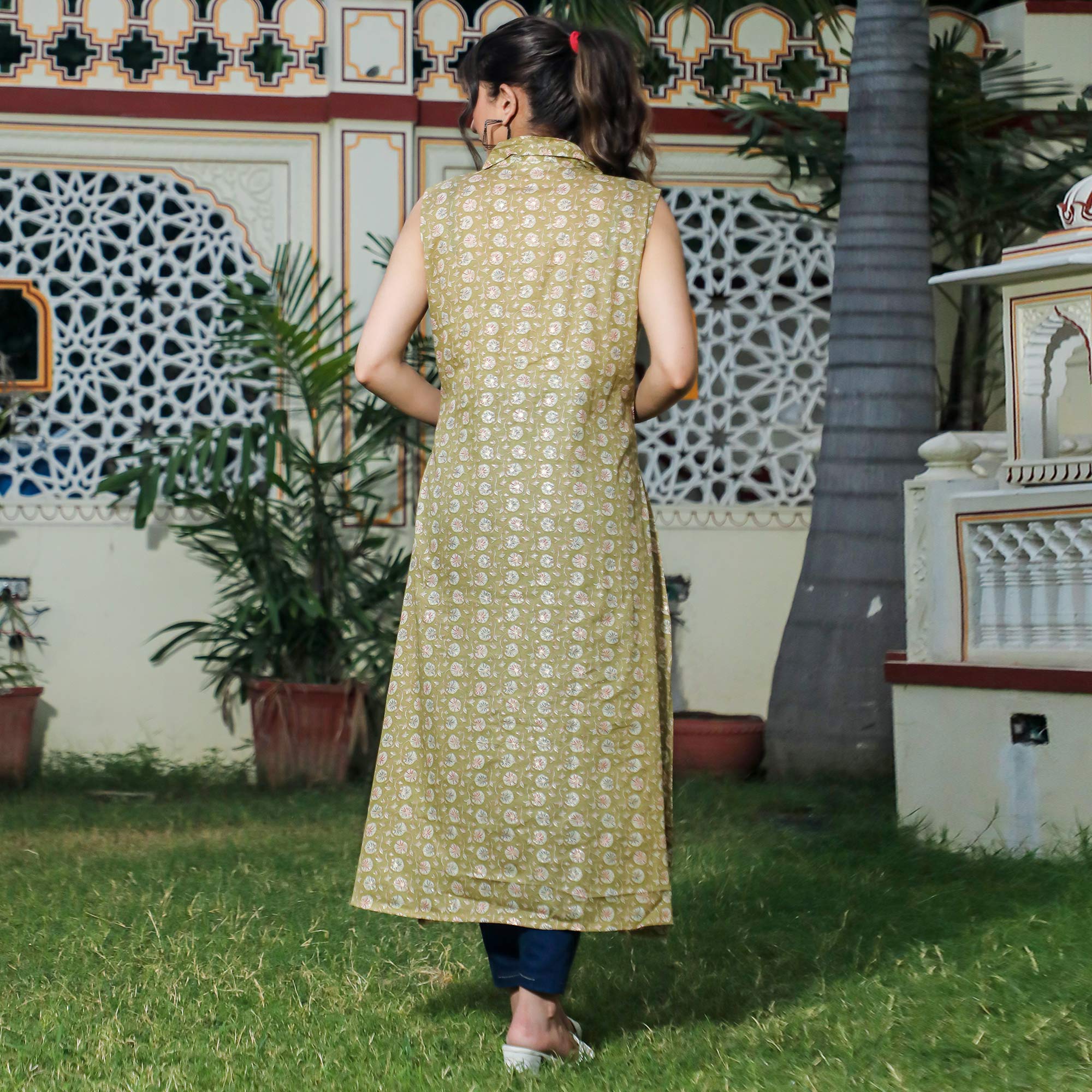 Green Floral Foil Printed Pure Cotton Kurti