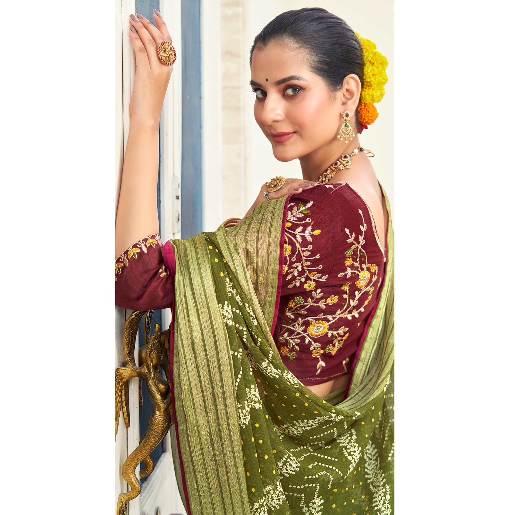 Green Bandhani Printed Chiffon Saree With Tassels