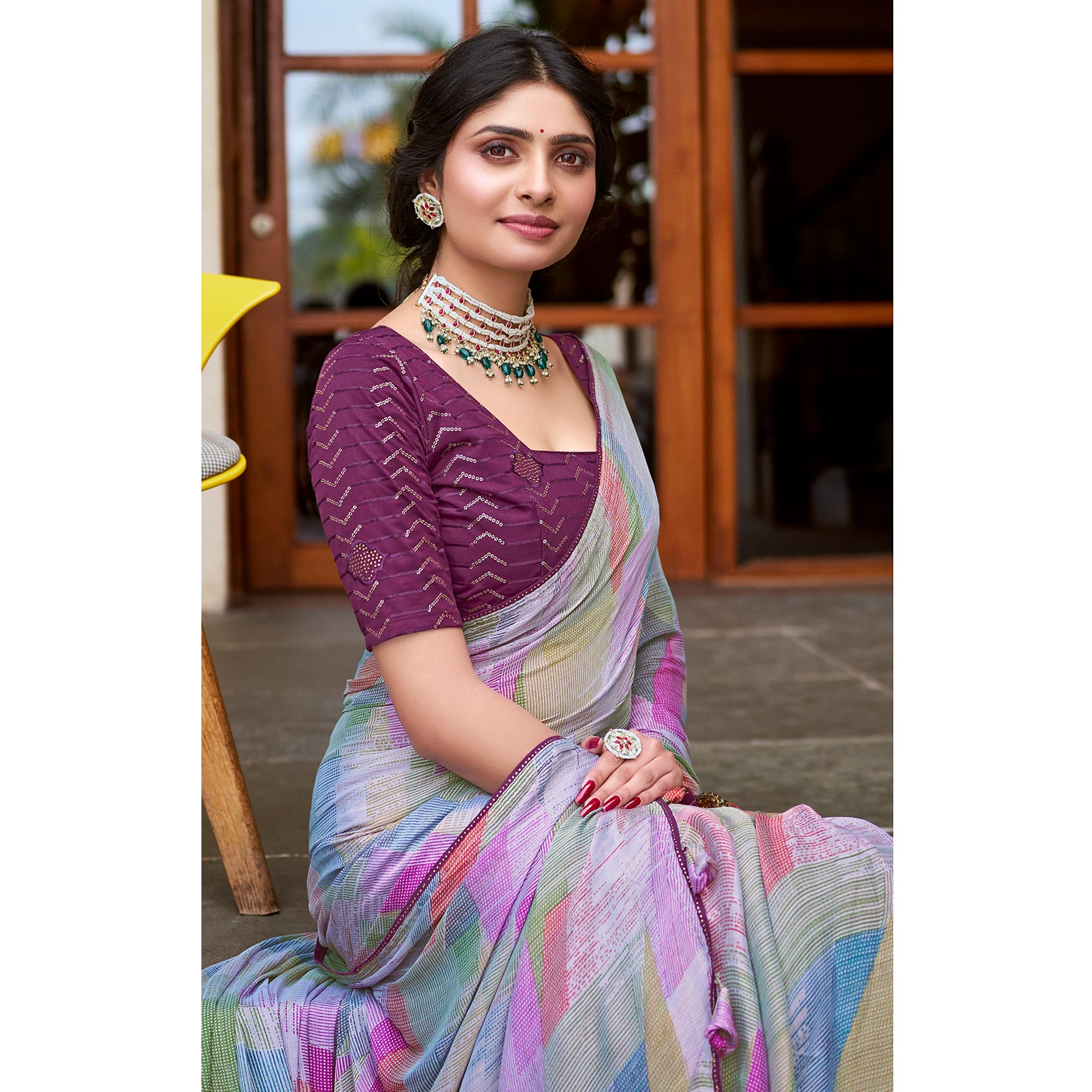 Purple Printed Chiffon Saree With Tassels