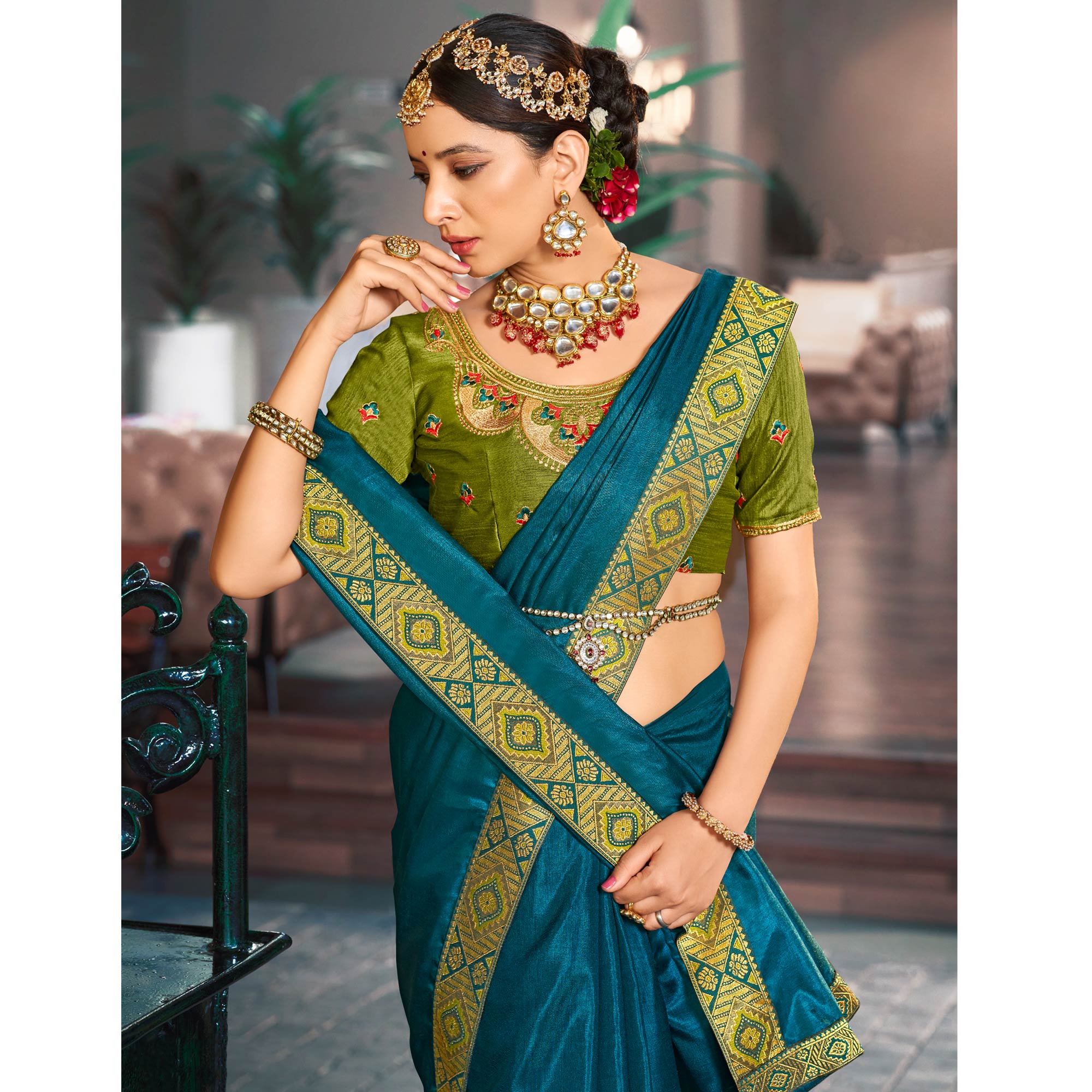 Teal Solid Vichitra Silk With Zari Lace Border