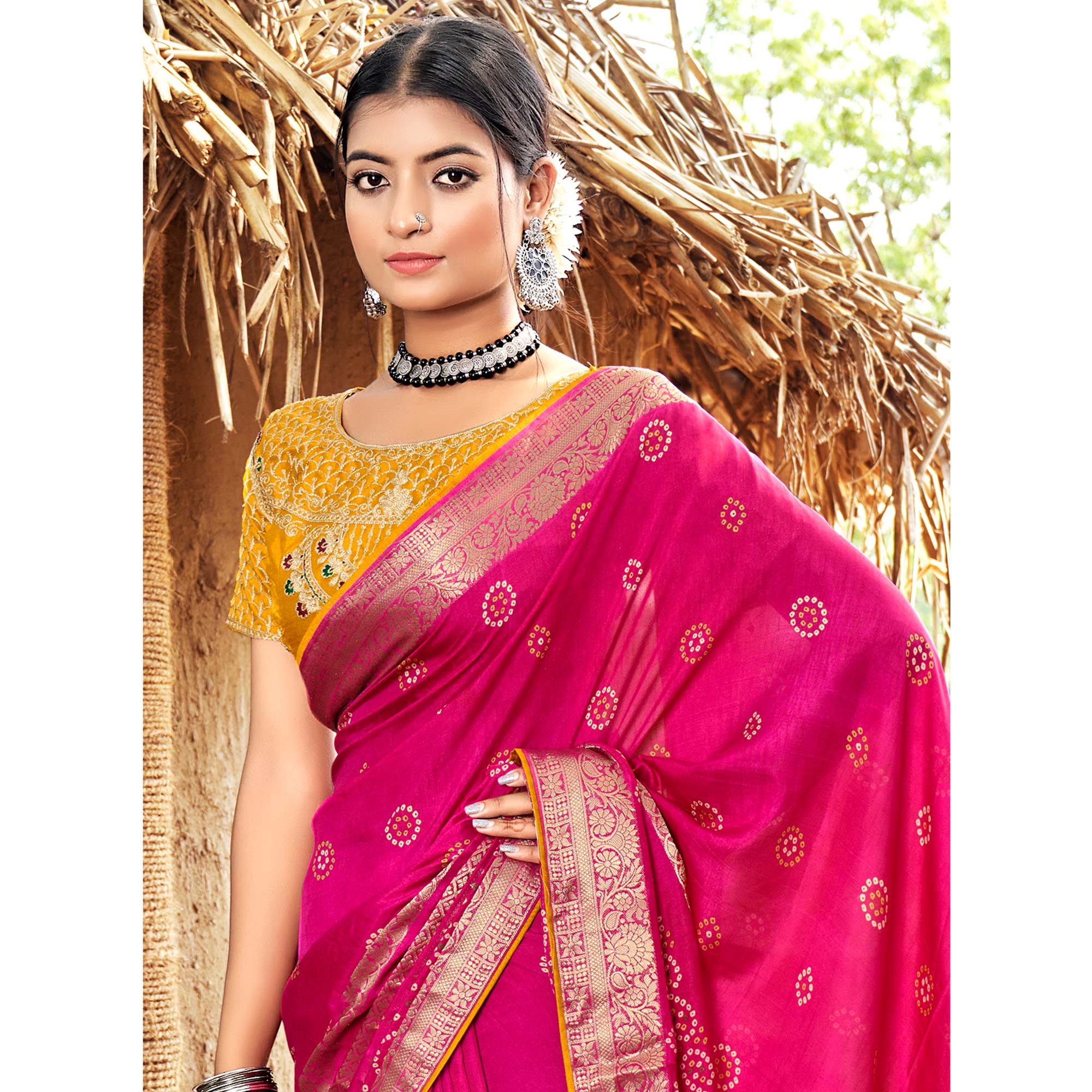 Pink Bandhani Printed Pure Silk Saree