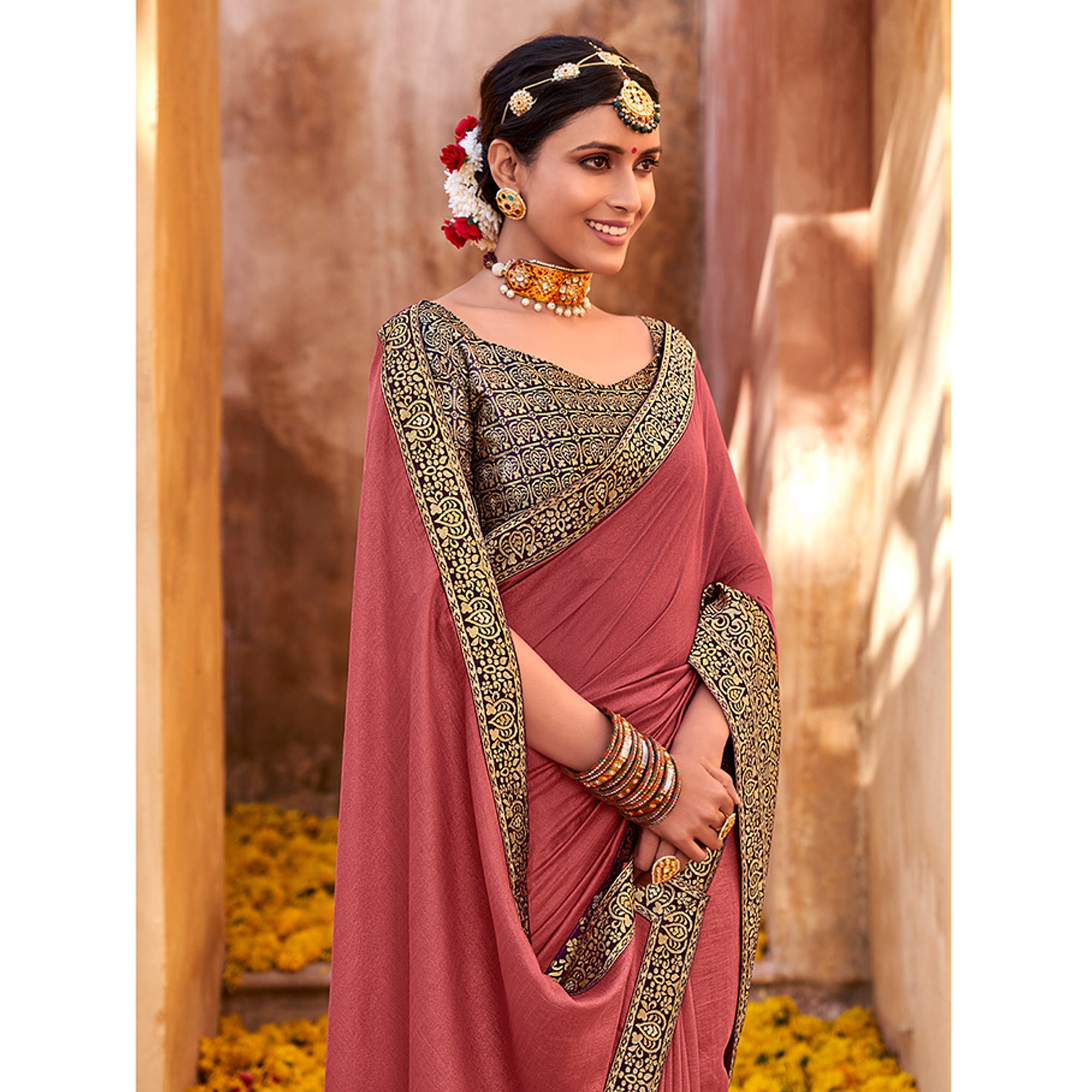 Mauve Solid With Jacquard Border Vichitra Silk Saree