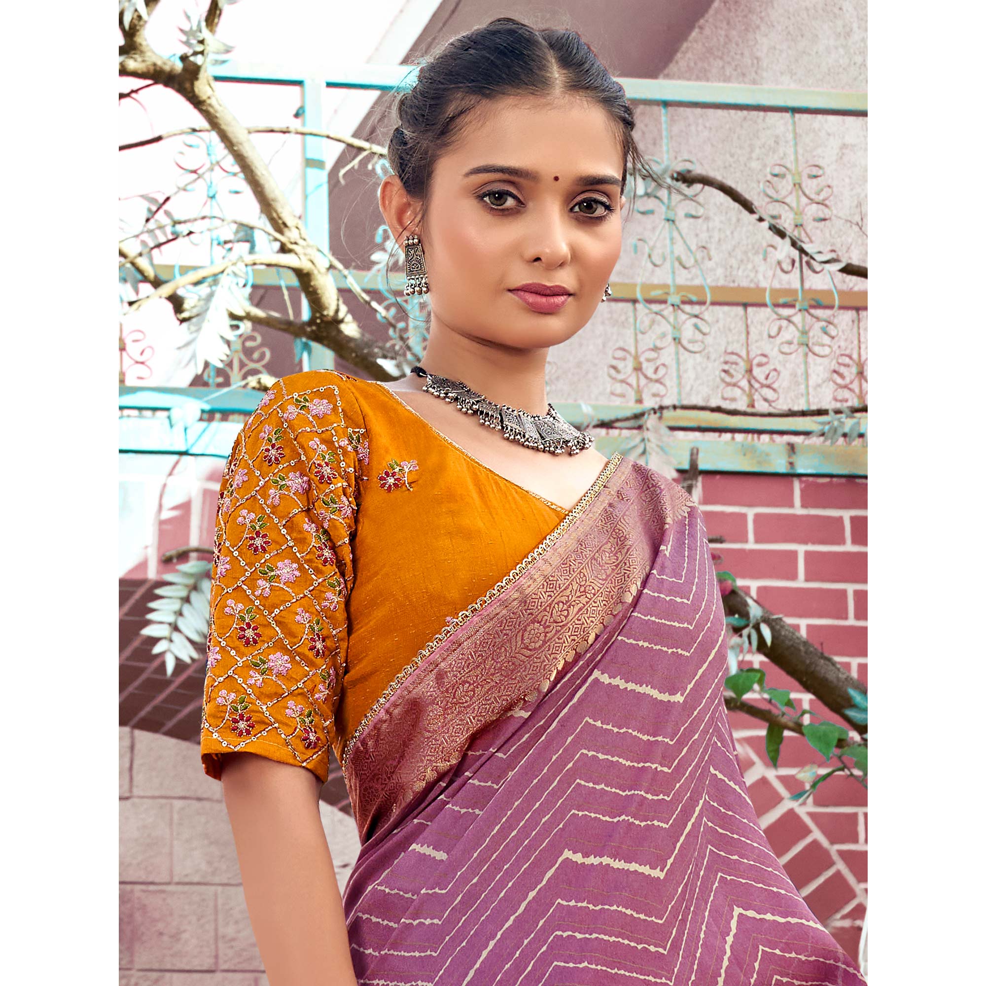 Purple Leheriya Printed Georgette Saree With Jacquard Border