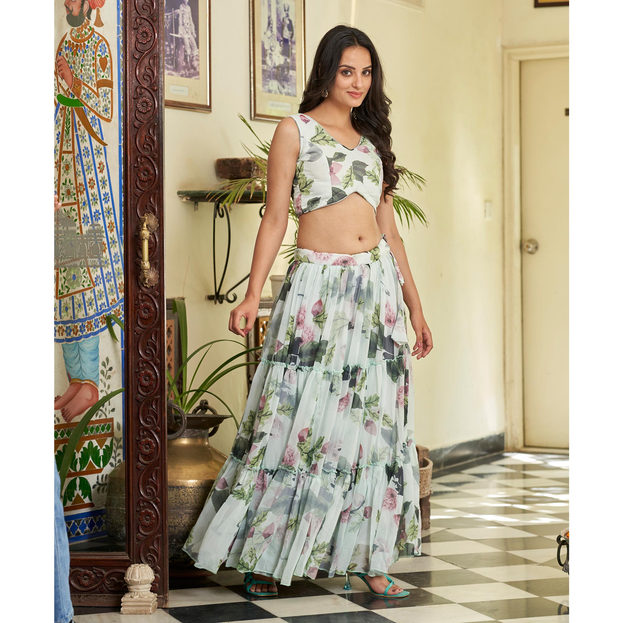 Green & White Floral Printed Georgette Crop Top Lehenga