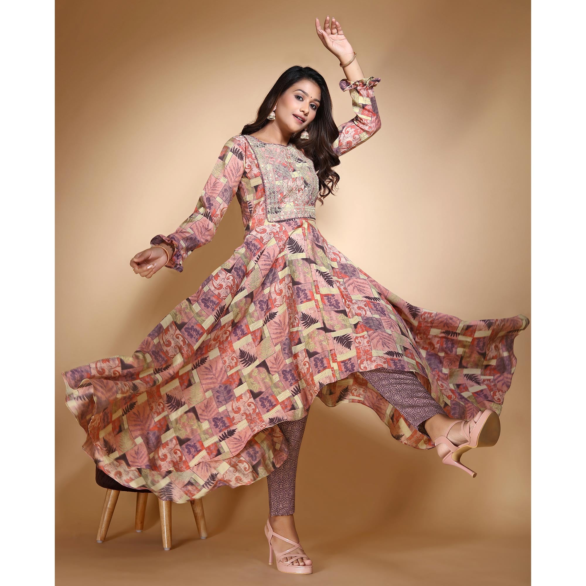 Multicolor Printed With Sequins Chanderi Kurti Pant Set