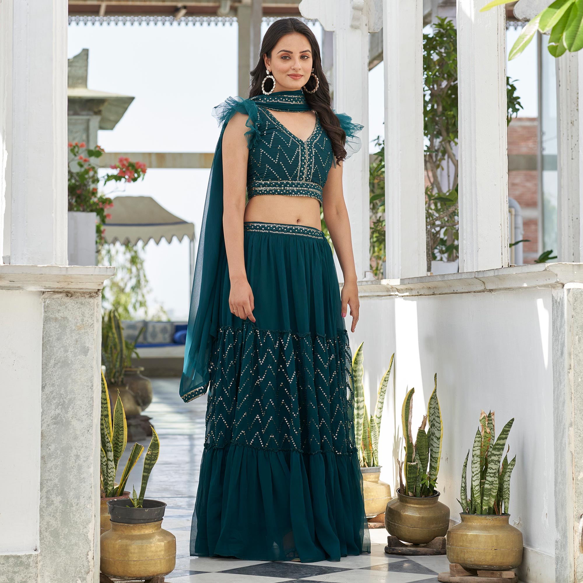 Sea Green Embroidered Georgette Lehenga Choli