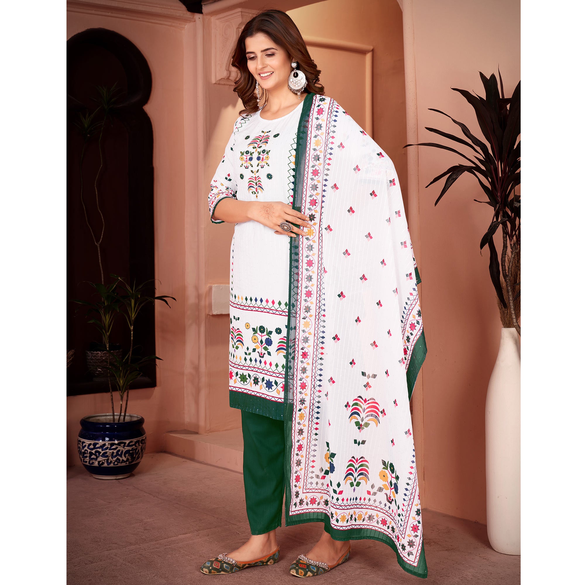 White & Green Embroidered With Printed Rayon Salwar Suit