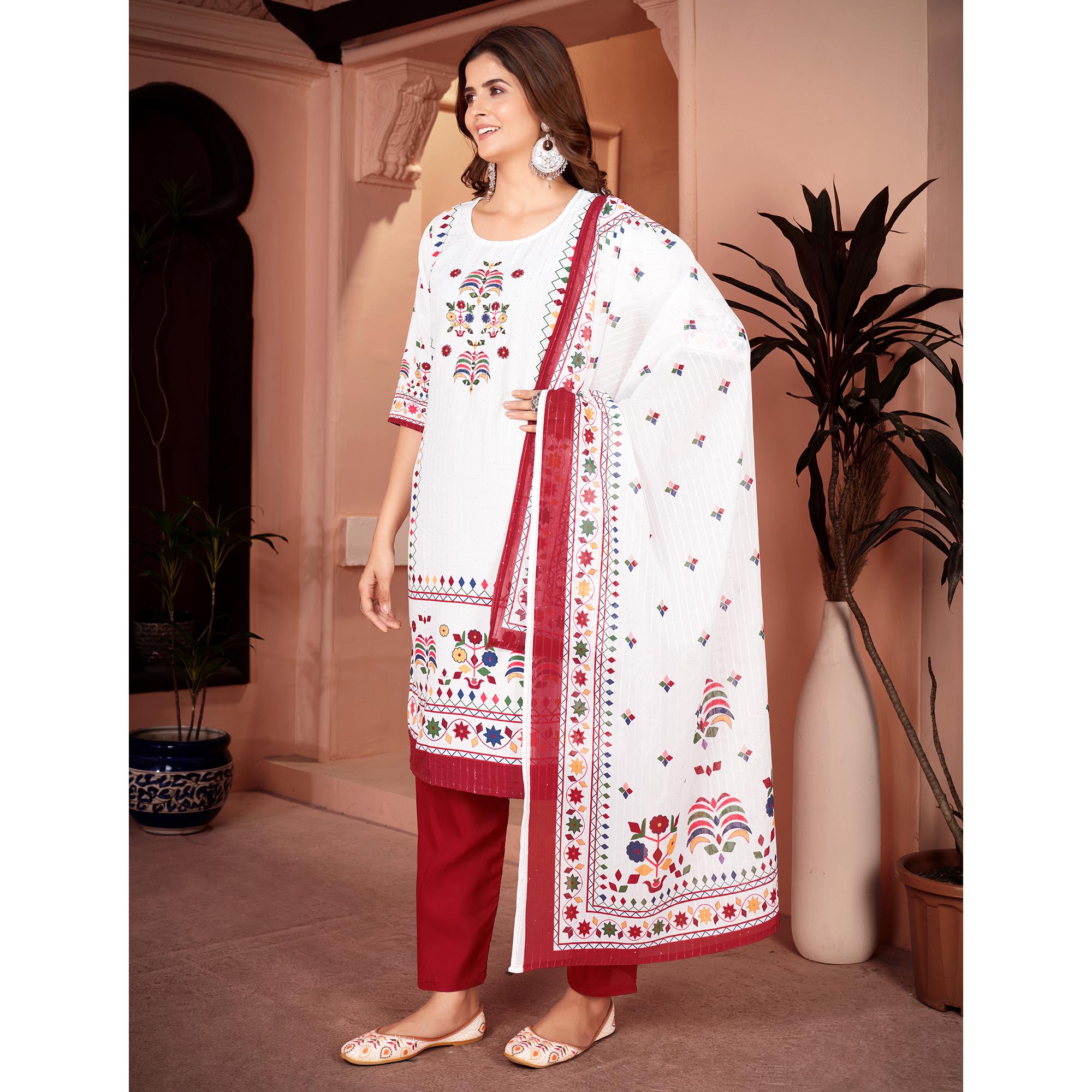 White & Maroon Embroidered With Printed Rayon Salwar Suit